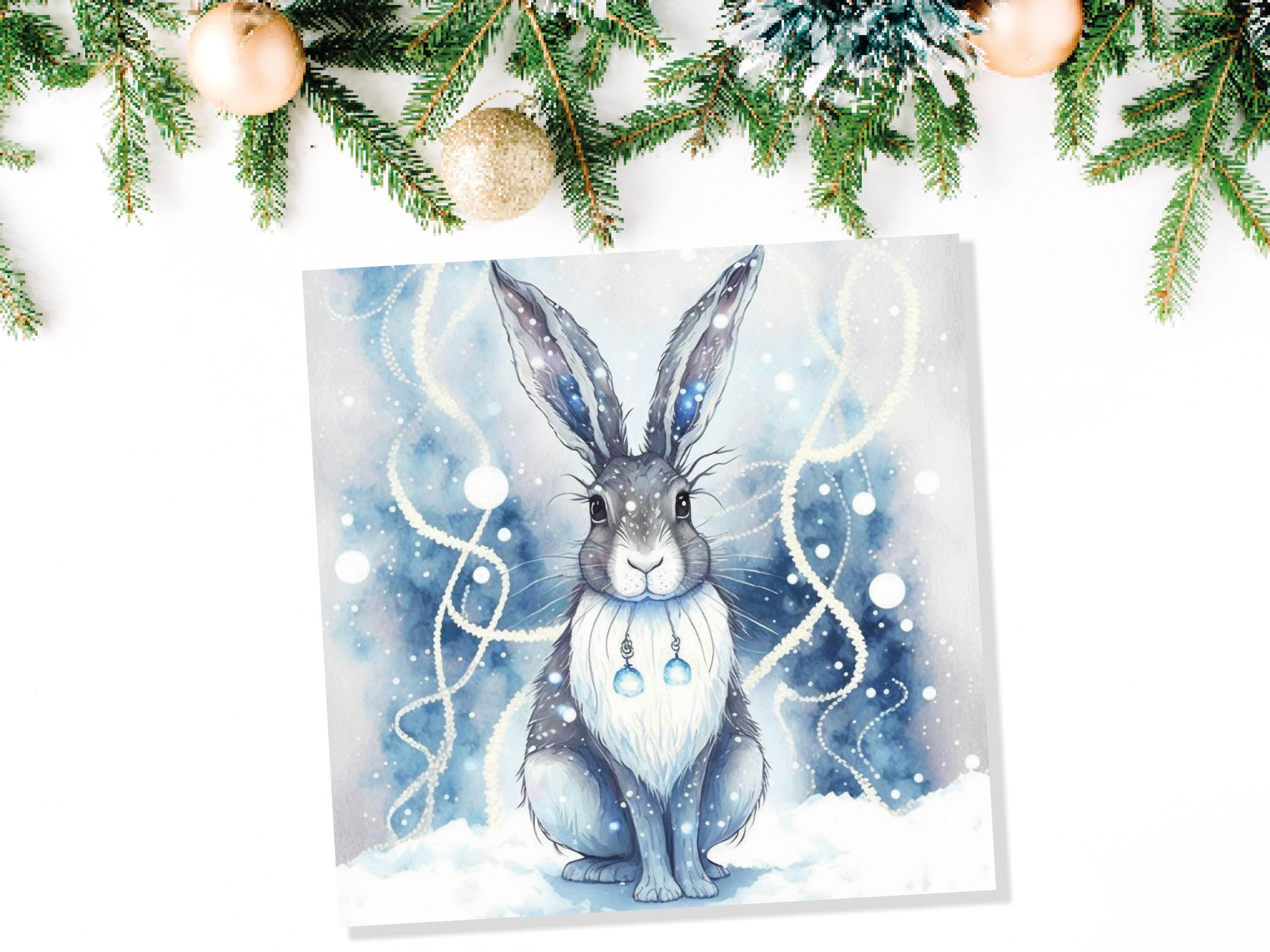 Magical Hare Card Beautiful Blue Winter Watercolour Snow Scene Snowy Lights Festive Rabbit Greetings Card For Family Friends Christmas 2025 - View 6
