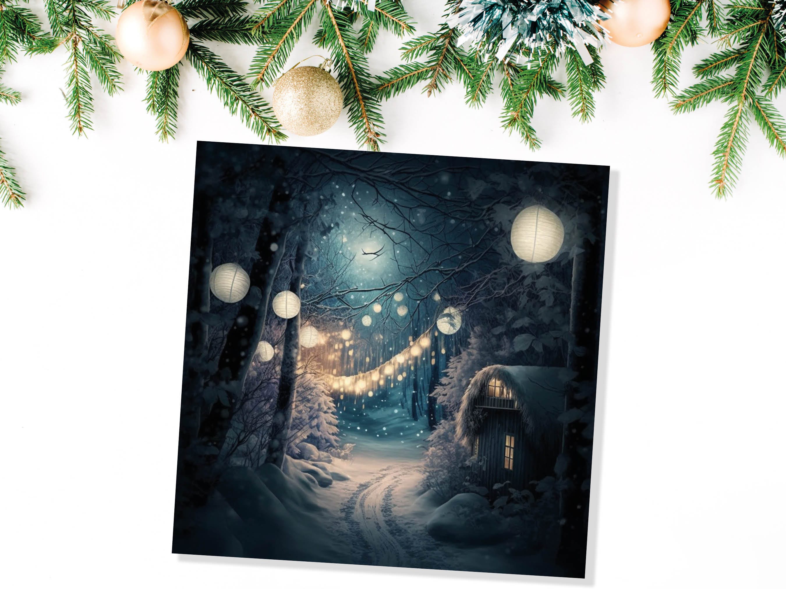 Magical Winter Night Christmas Card with Warm Fairy Lights Snow Blue Woodland Path Whimsical Greetings Cards For Family Friends Xmas 2025 - View 8