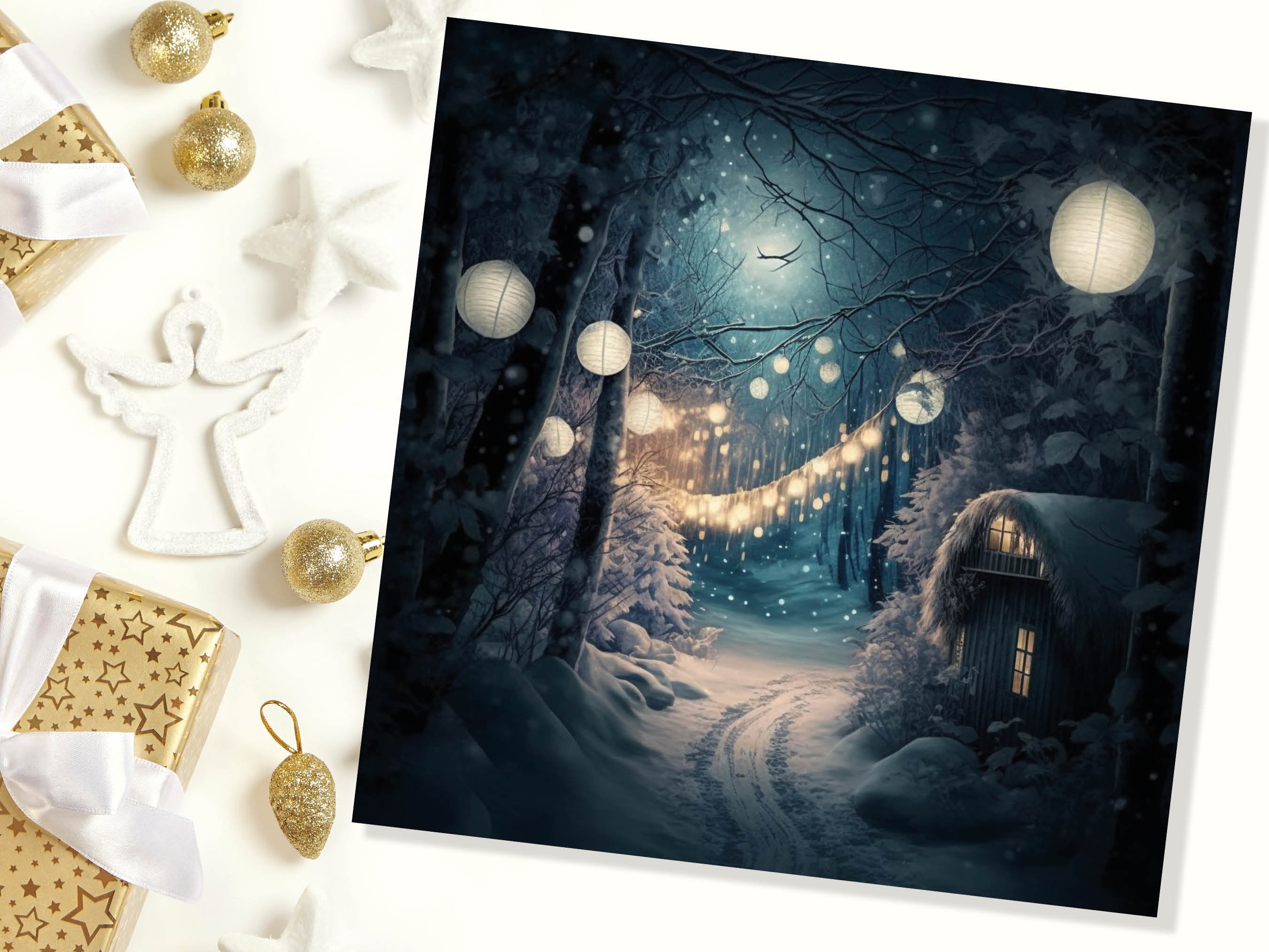 Magical Winter Night Christmas Card with Warm Fairy Lights Snow Blue Woodland Path Whimsical Greetings Cards For Family Friends Xmas 2025 - View 5