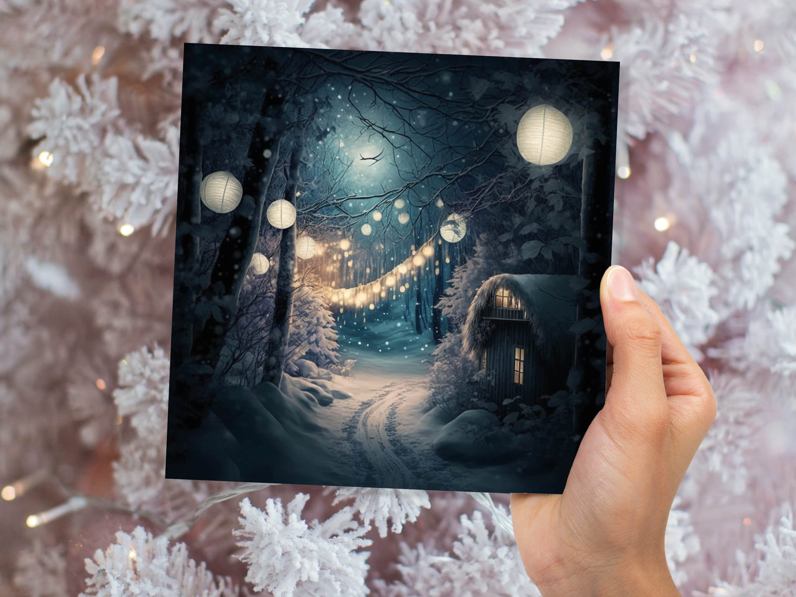 Magical Winter Night Christmas Card with Warm Fairy Lights Snow Blue Woodland Path Whimsical Greetings Cards For Family Friends Xmas 2025 - View 3