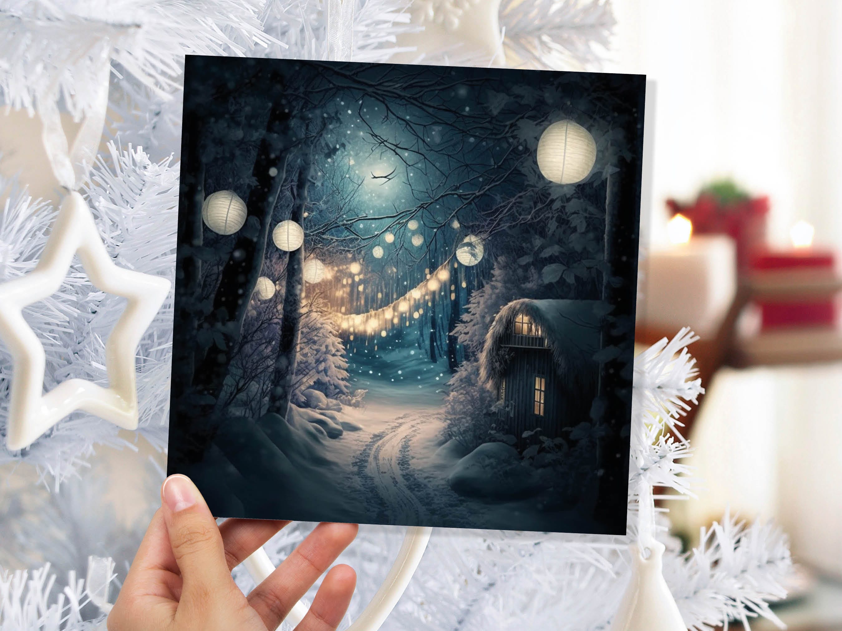 Magical Winter Night Christmas Card with Warm Fairy Lights Snow Blue Woodland Path Whimsical Greetings Cards For Family Friends Xmas 2025 - View 2