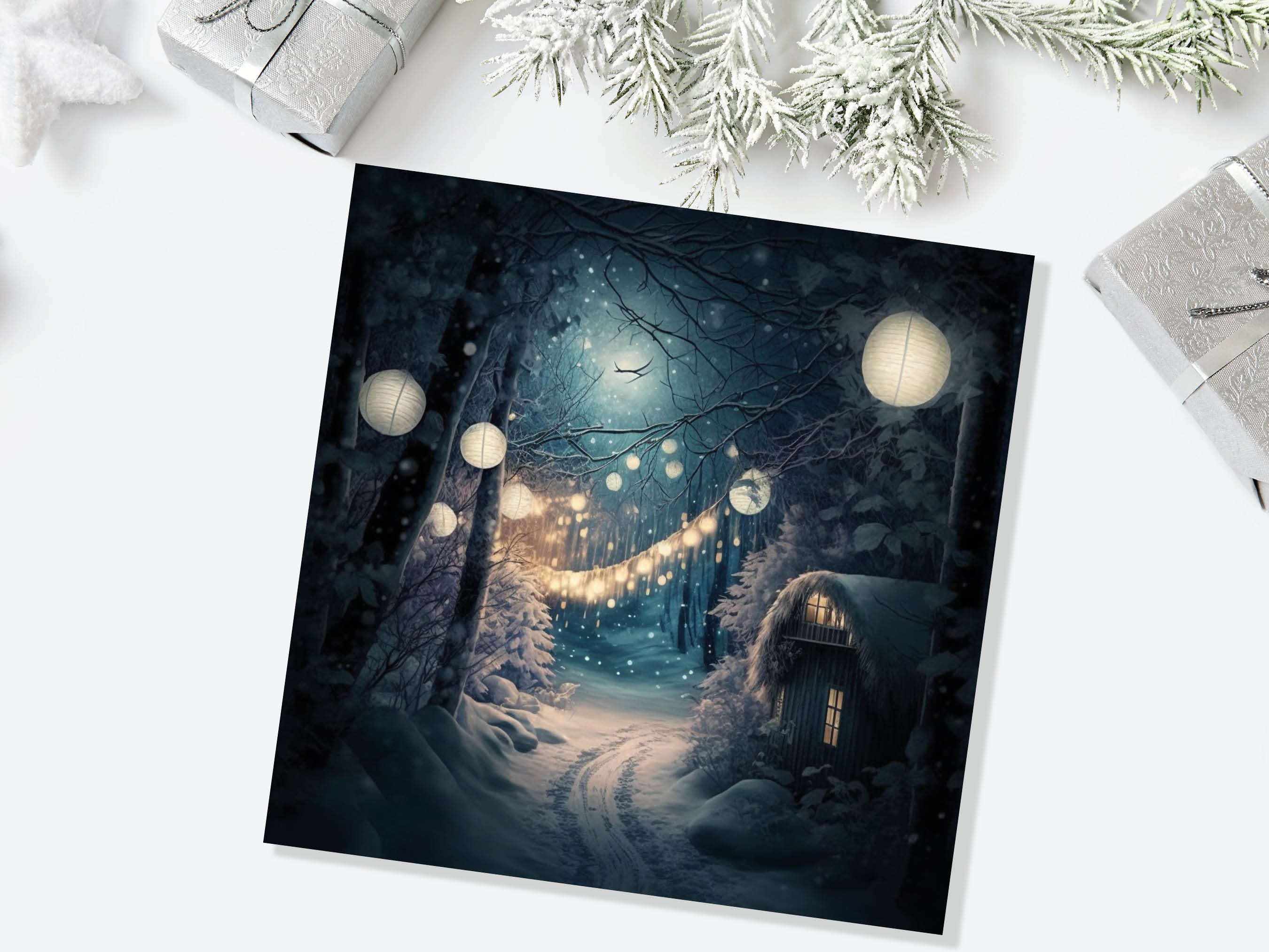 Magical Winter Night Christmas Card with Warm Fairy Lights Snow Blue Woodland Path Whimsical Greetings Cards For Family Friends Xmas 2025 - View 4