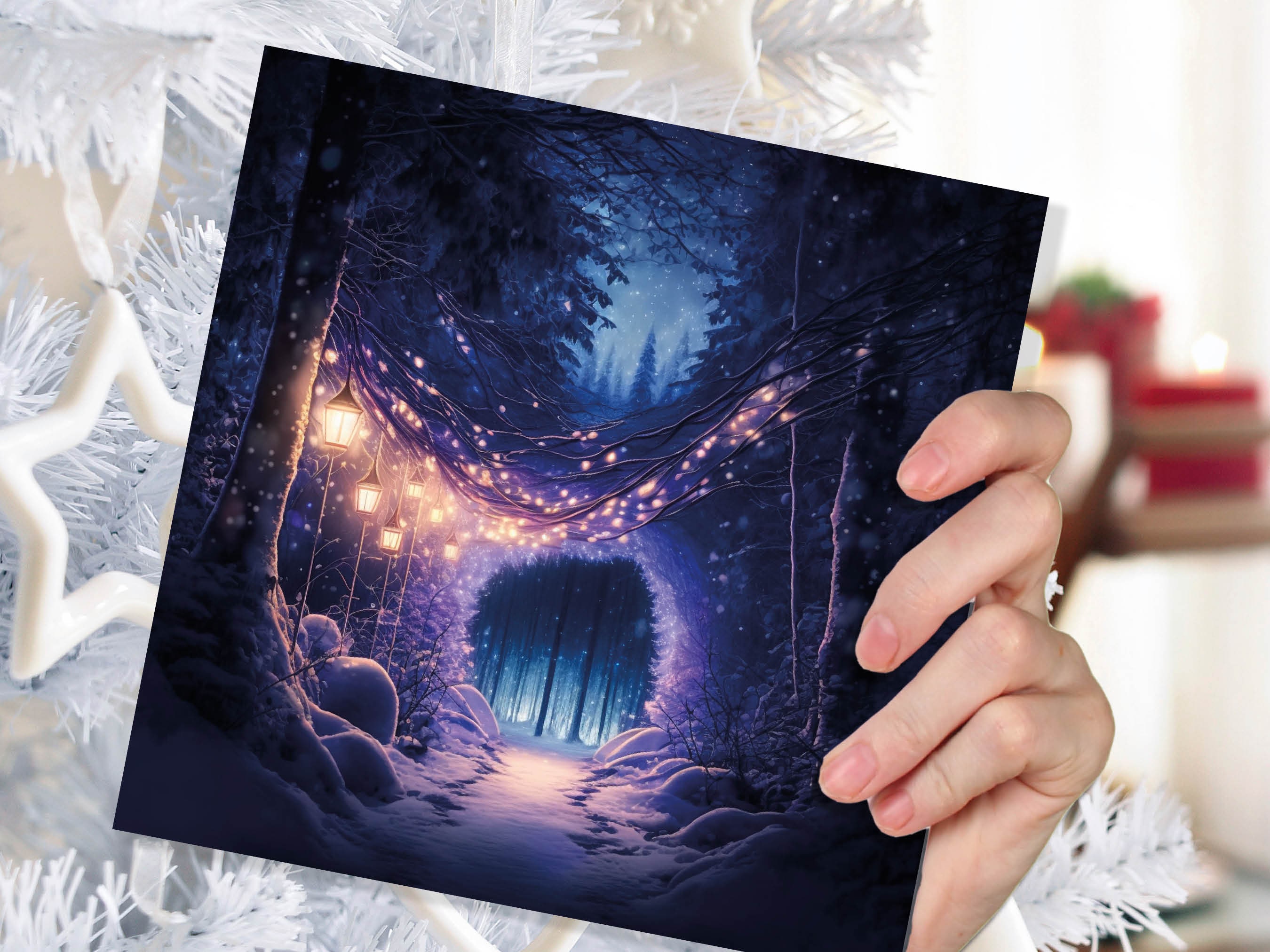 Winter Wonderland Christmas Card with Cosy Fairy Lights Snow Purple Woodland Path Whimsical Greetings Cards For Family Friends Xmas 2025 - View 7