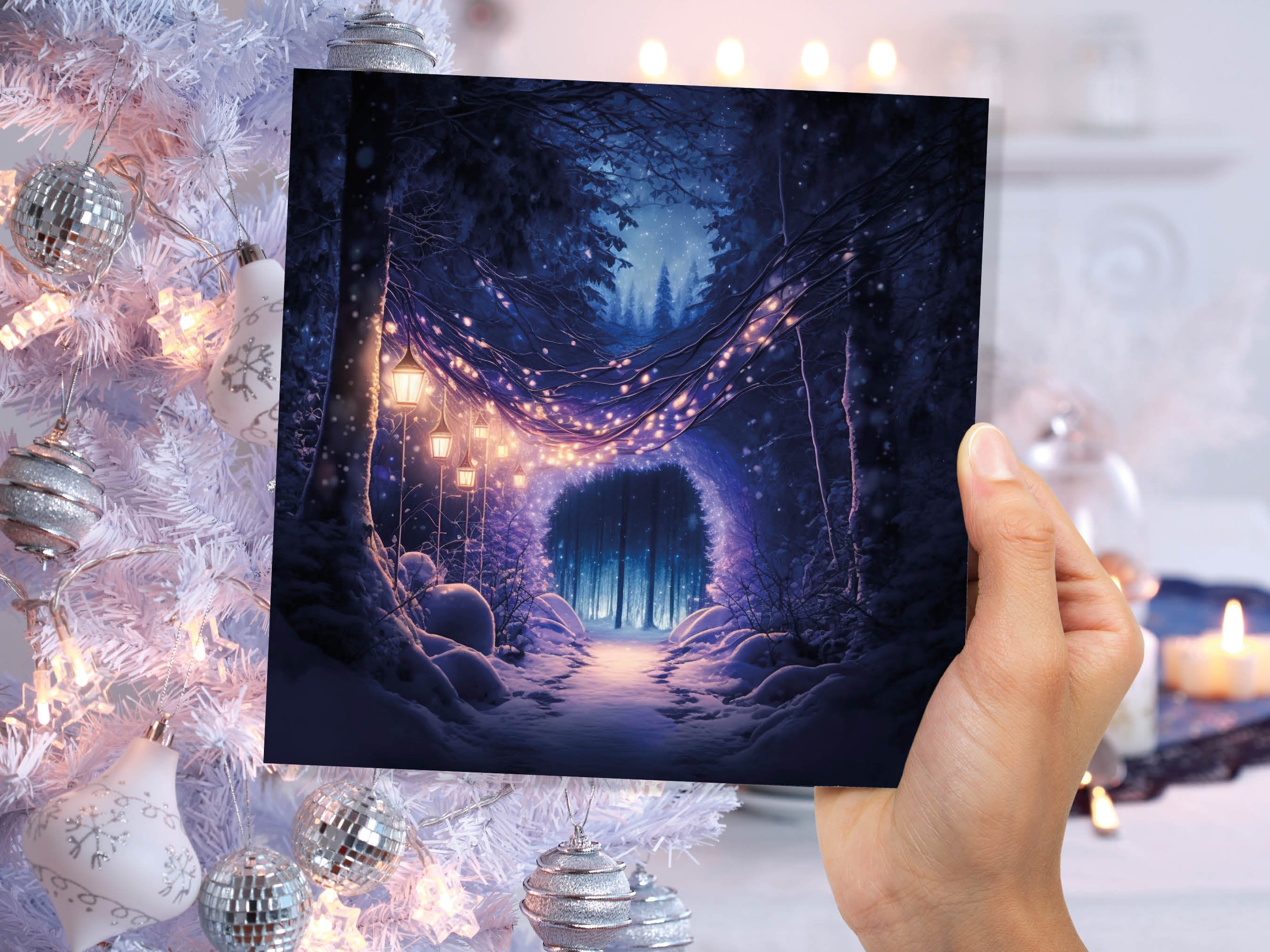 Winter Wonderland Christmas Card with Cosy Fairy Lights Snow Purple Woodland Path Whimsical Greetings Cards For Family Friends Xmas 2025 - View 4