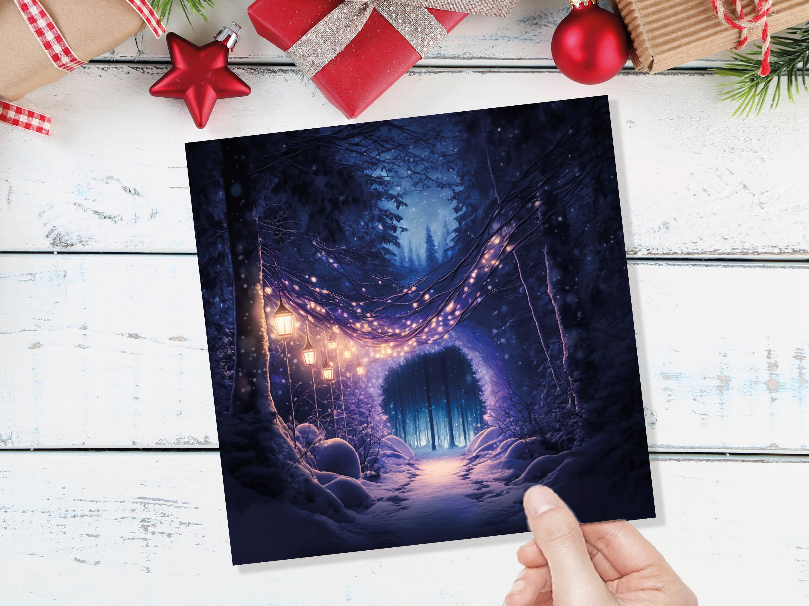 Winter Wonderland Christmas Card with Cosy Fairy Lights Snow Purple Woodland Path Whimsical Greetings Cards For Family Friends Xmas 2025 - View 8