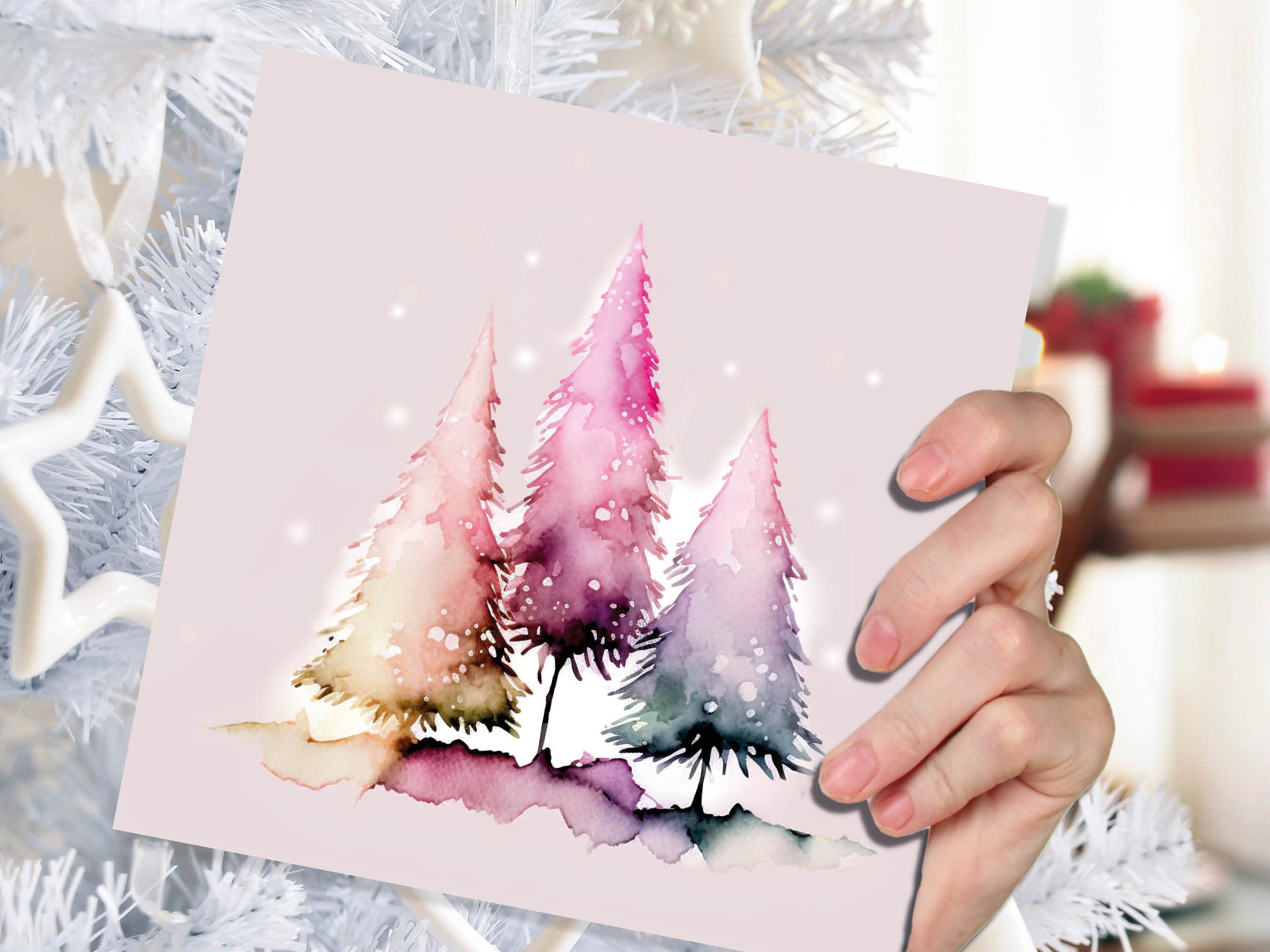 Messy Watercolour Trees Christmas Card Modern Elegant Fir Tree Fairy Lights Rainbow Painting Greetings Cards For Family Friends Xmas 2025 - View 6