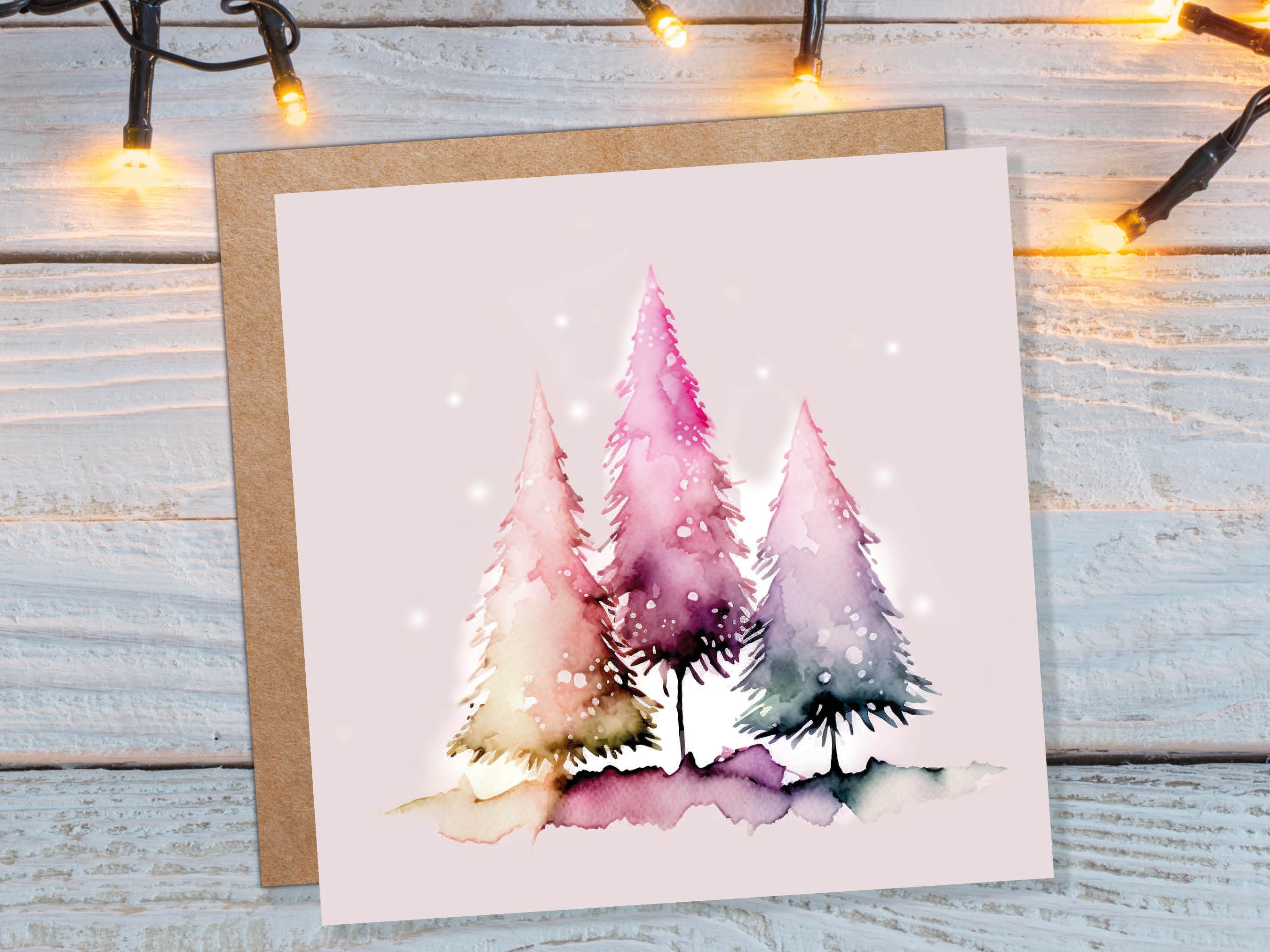 Messy Watercolour Trees Christmas Card Modern Elegant Fir Tree Fairy Lights Rainbow Painting Greetings Cards For Family Friends Xmas 2025
