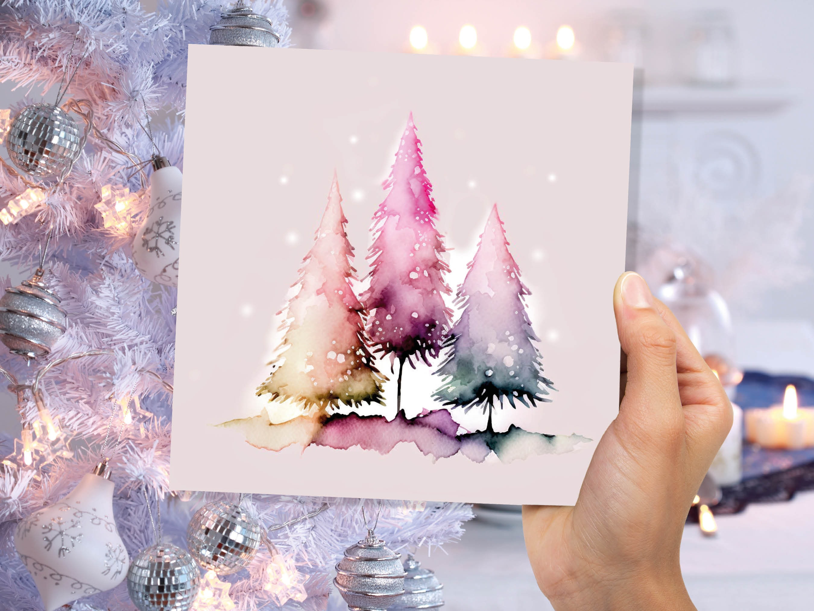 Messy Watercolour Trees Christmas Card Modern Elegant Fir Tree Fairy Lights Rainbow Painting Greetings Cards For Family Friends Xmas 2025 - View 3