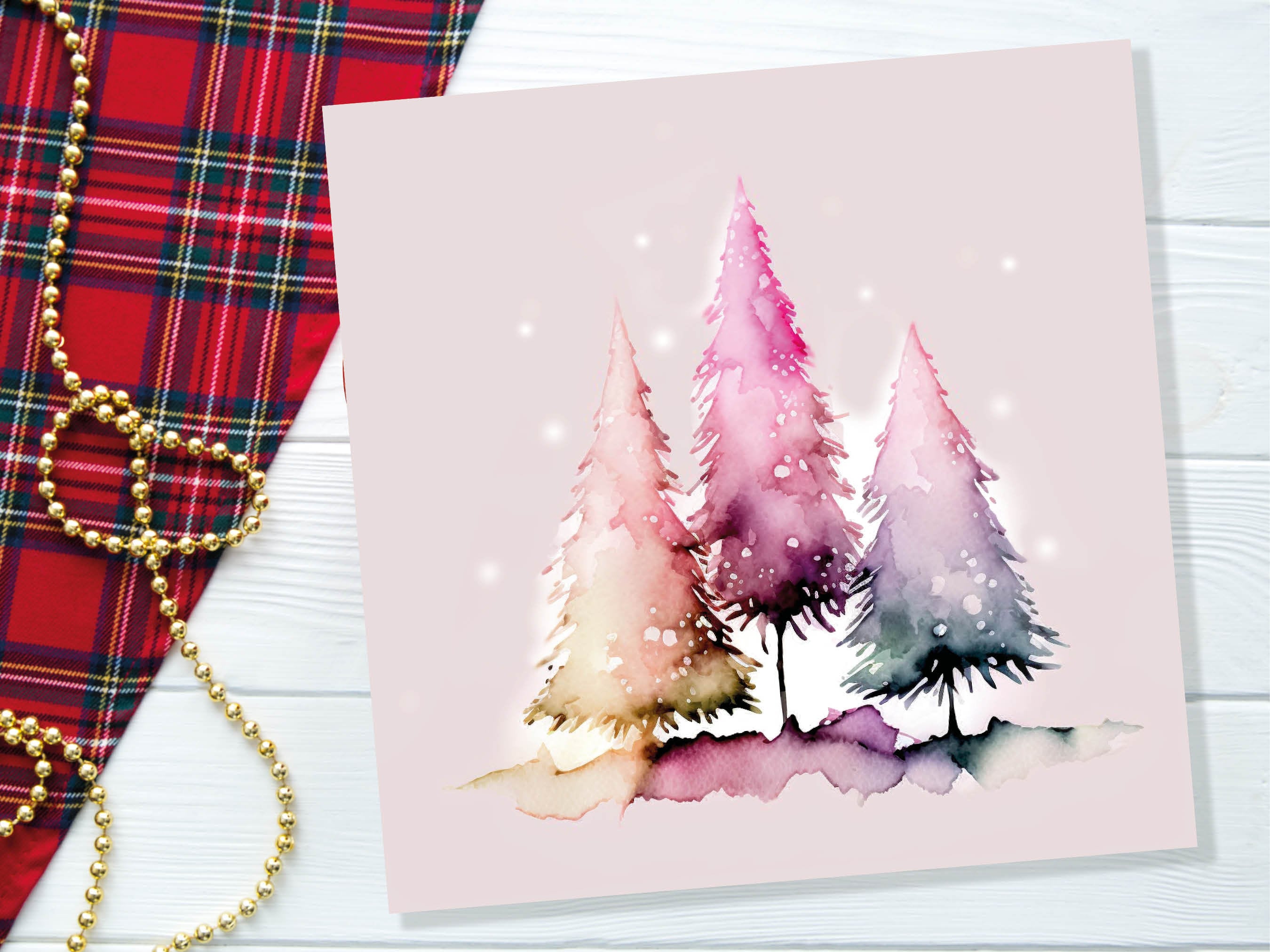 Messy Watercolour Trees Christmas Card Modern Elegant Fir Tree Fairy Lights Rainbow Painting Greetings Cards For Family Friends Xmas 2025 - View 5