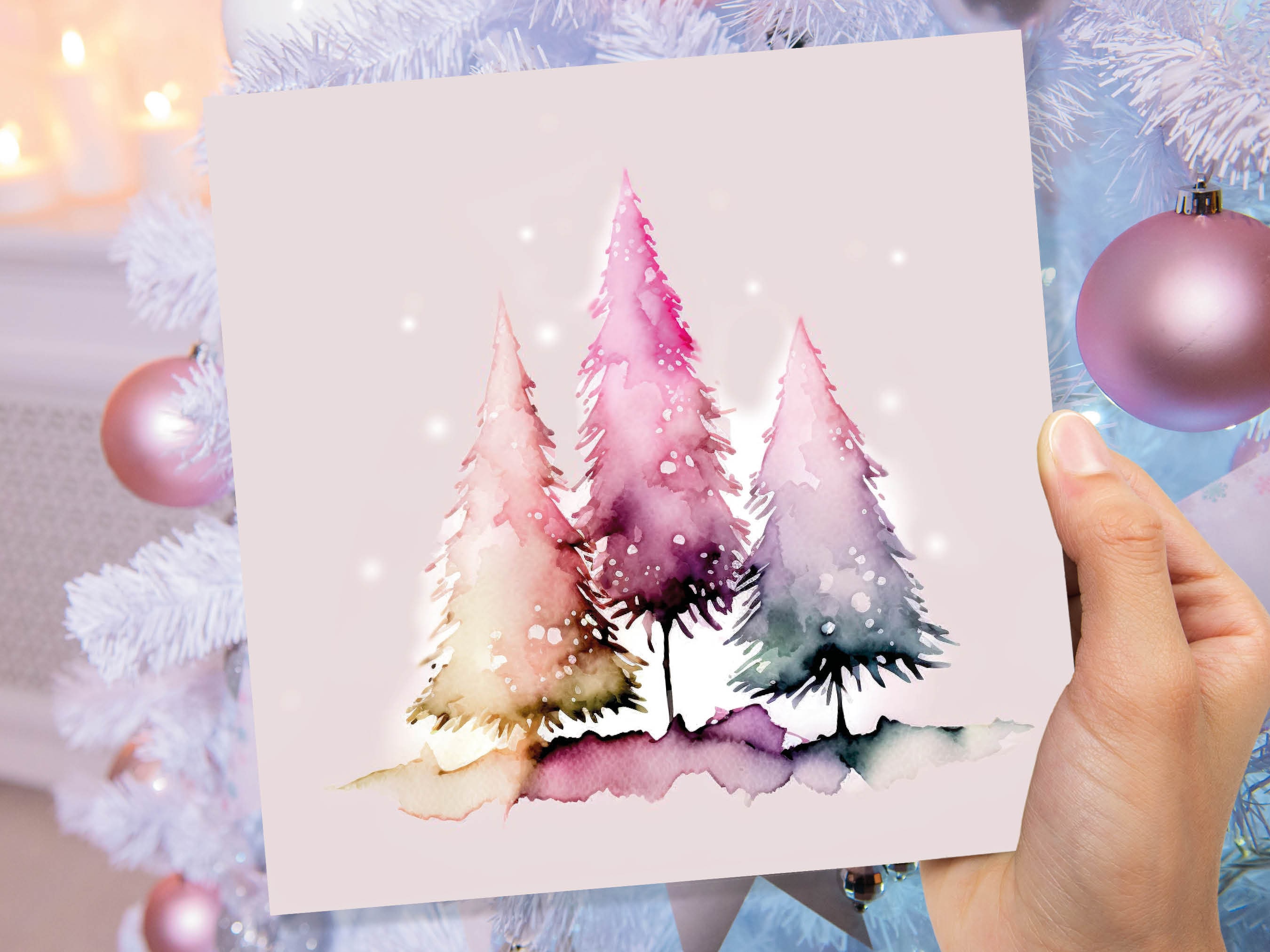 Messy Watercolour Trees Christmas Card Modern Elegant Fir Tree Fairy Lights Rainbow Painting Greetings Cards For Family Friends Xmas 2025 - View 7