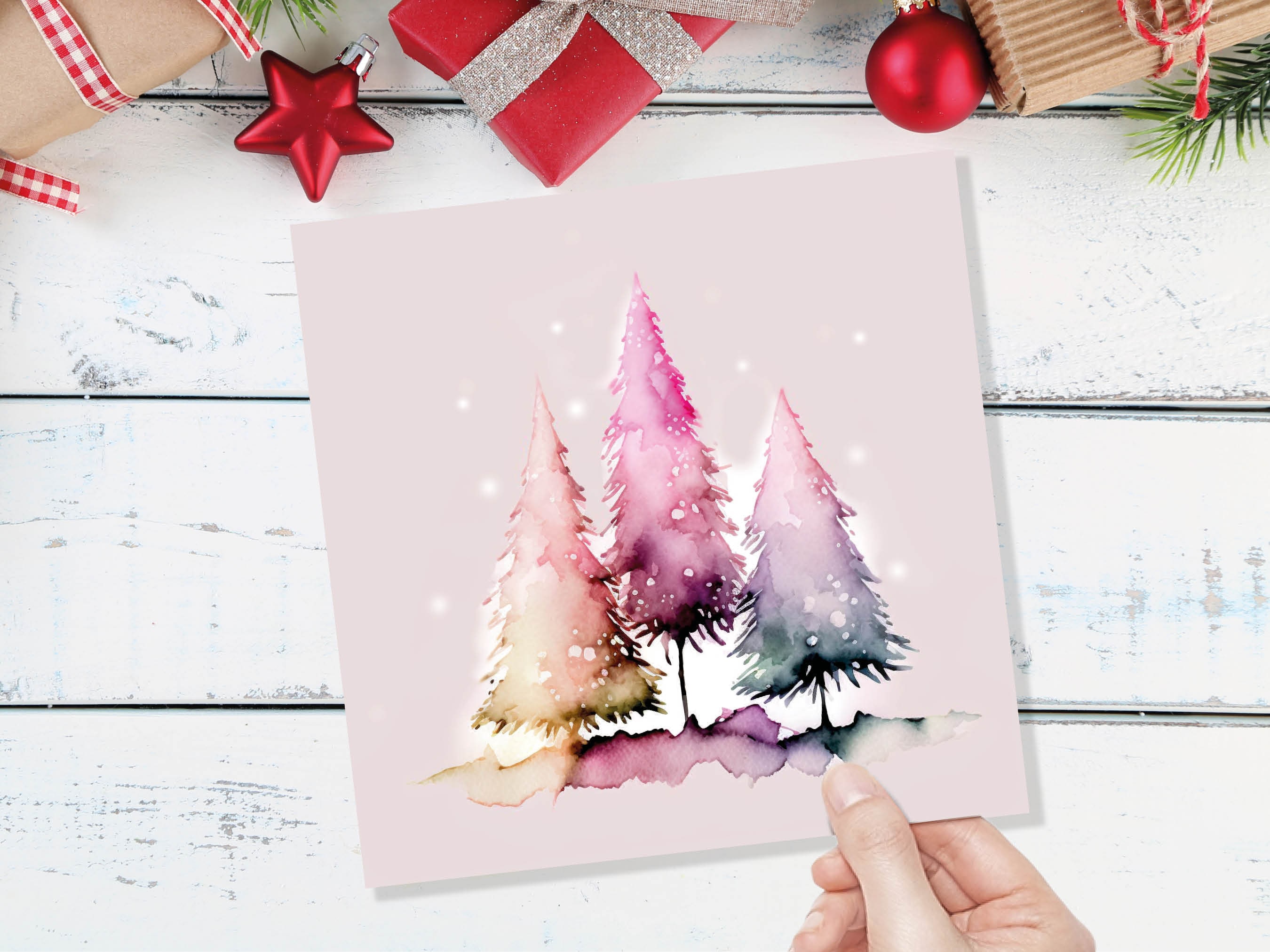 Messy Watercolour Trees Christmas Card Modern Elegant Fir Tree Fairy Lights Rainbow Painting Greetings Cards For Family Friends Xmas 2025 - View 8