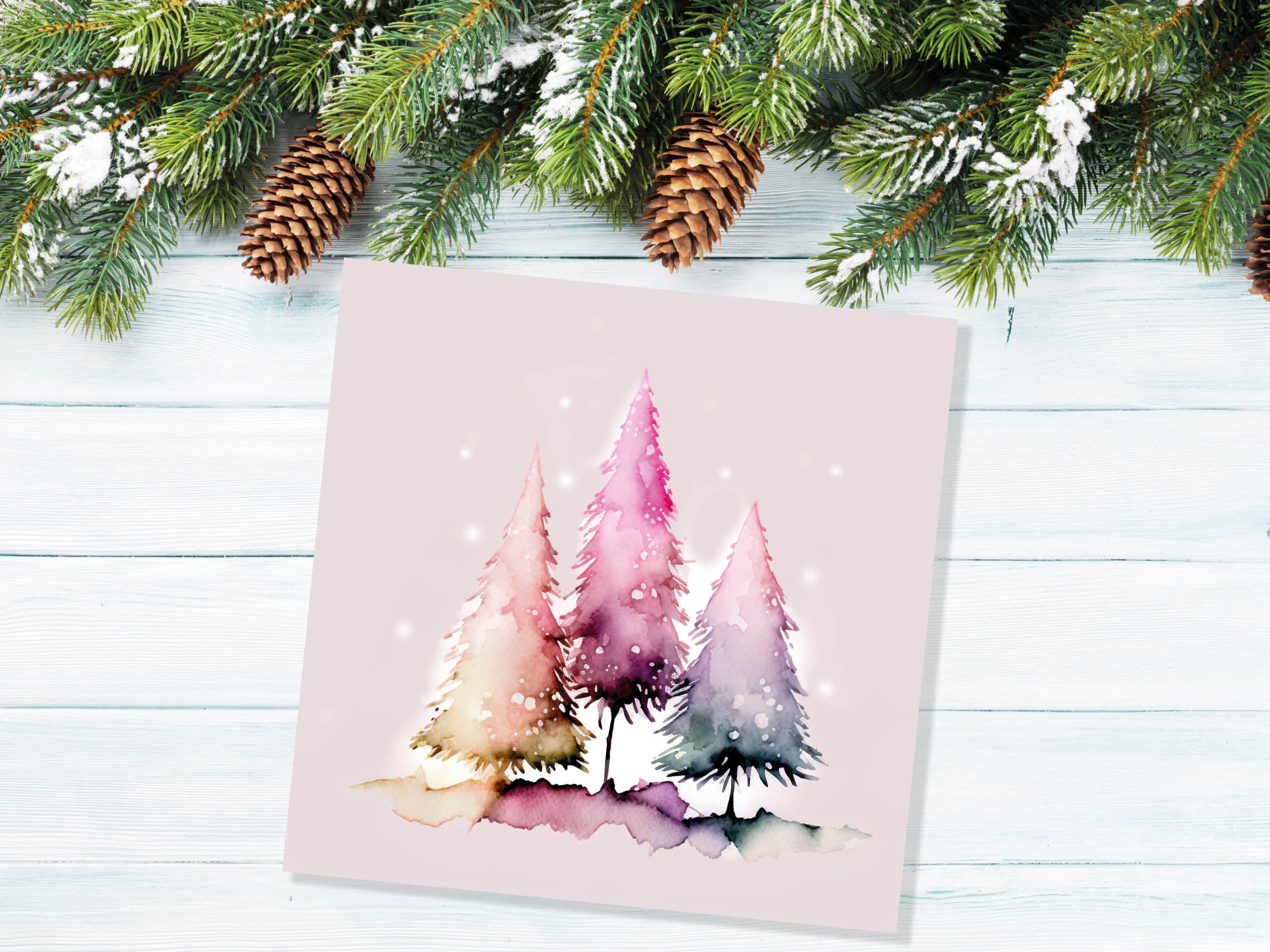 Messy Watercolour Trees Christmas Card Modern Elegant Fir Tree Fairy Lights Rainbow Painting Greetings Cards For Family Friends Xmas 2025 - View 4
