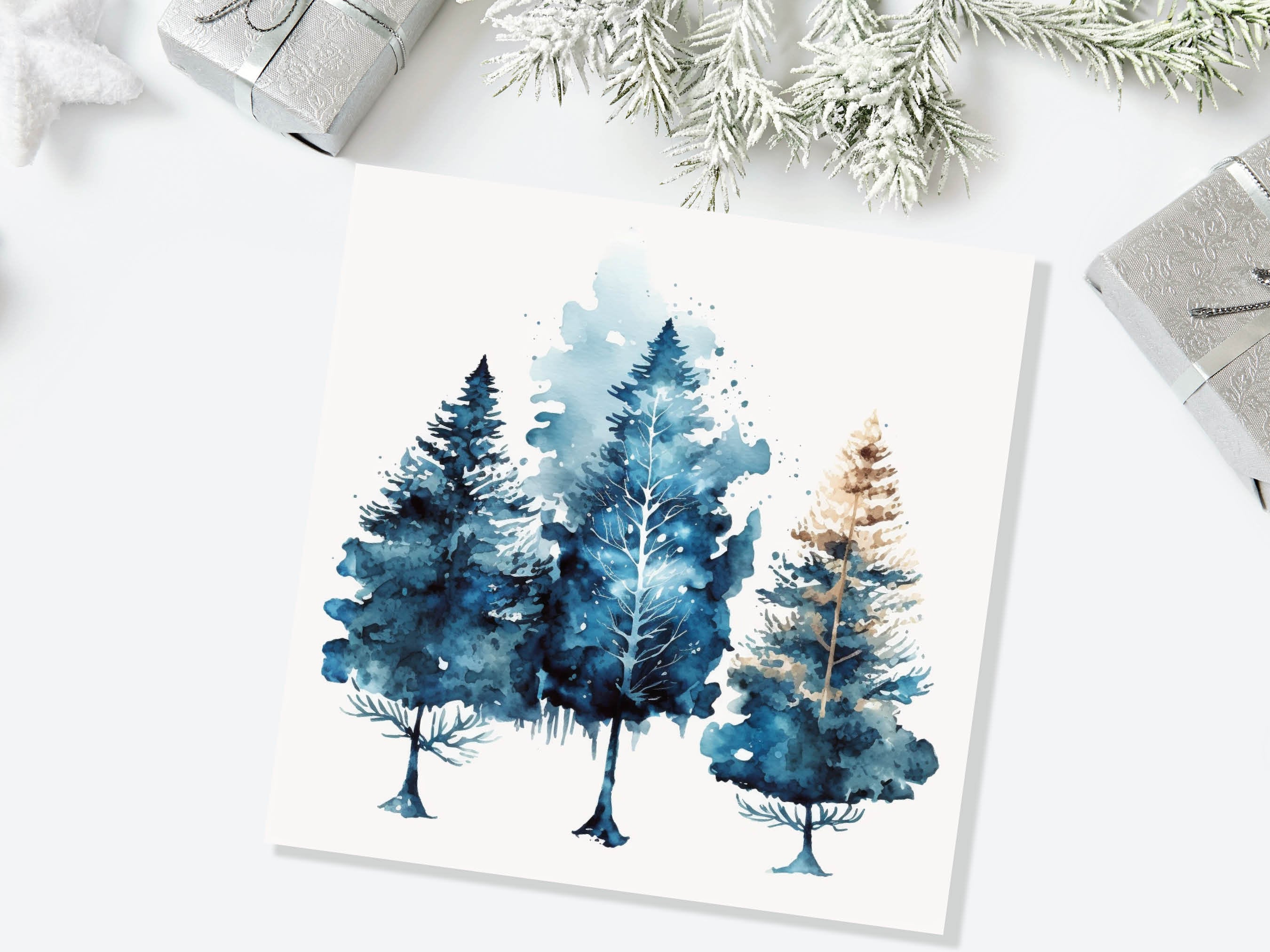 Watercolour Trees Christmas Card Prussian Blue Modern Elegant Fir Tree Messy Painting Simple Greetings Cards For Family Friends Xmas 2025 - View 5