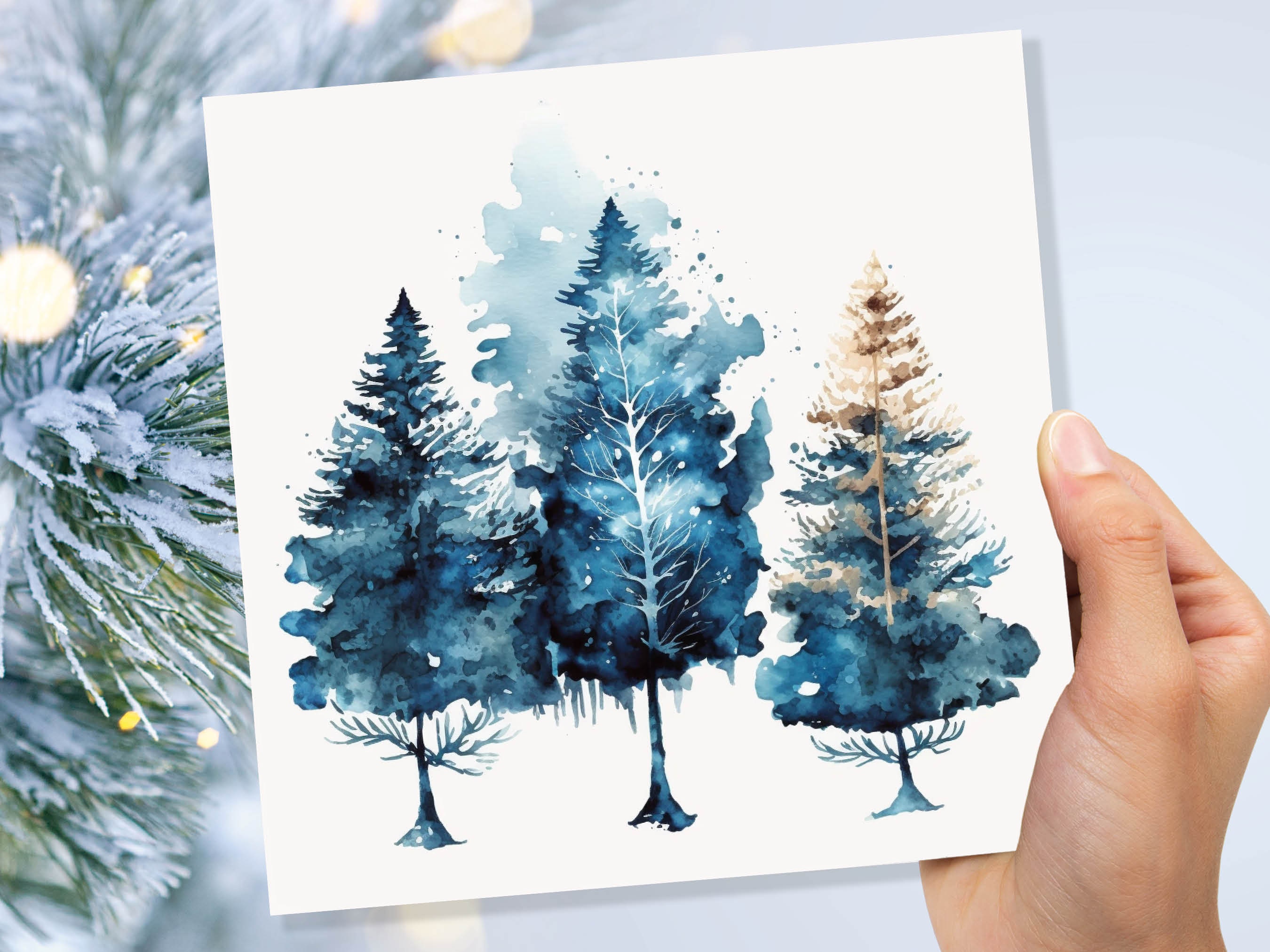 Watercolour Trees Christmas Card Prussian Blue Modern Elegant Fir Tree Messy Painting Simple Greetings Cards For Family Friends Xmas 2025