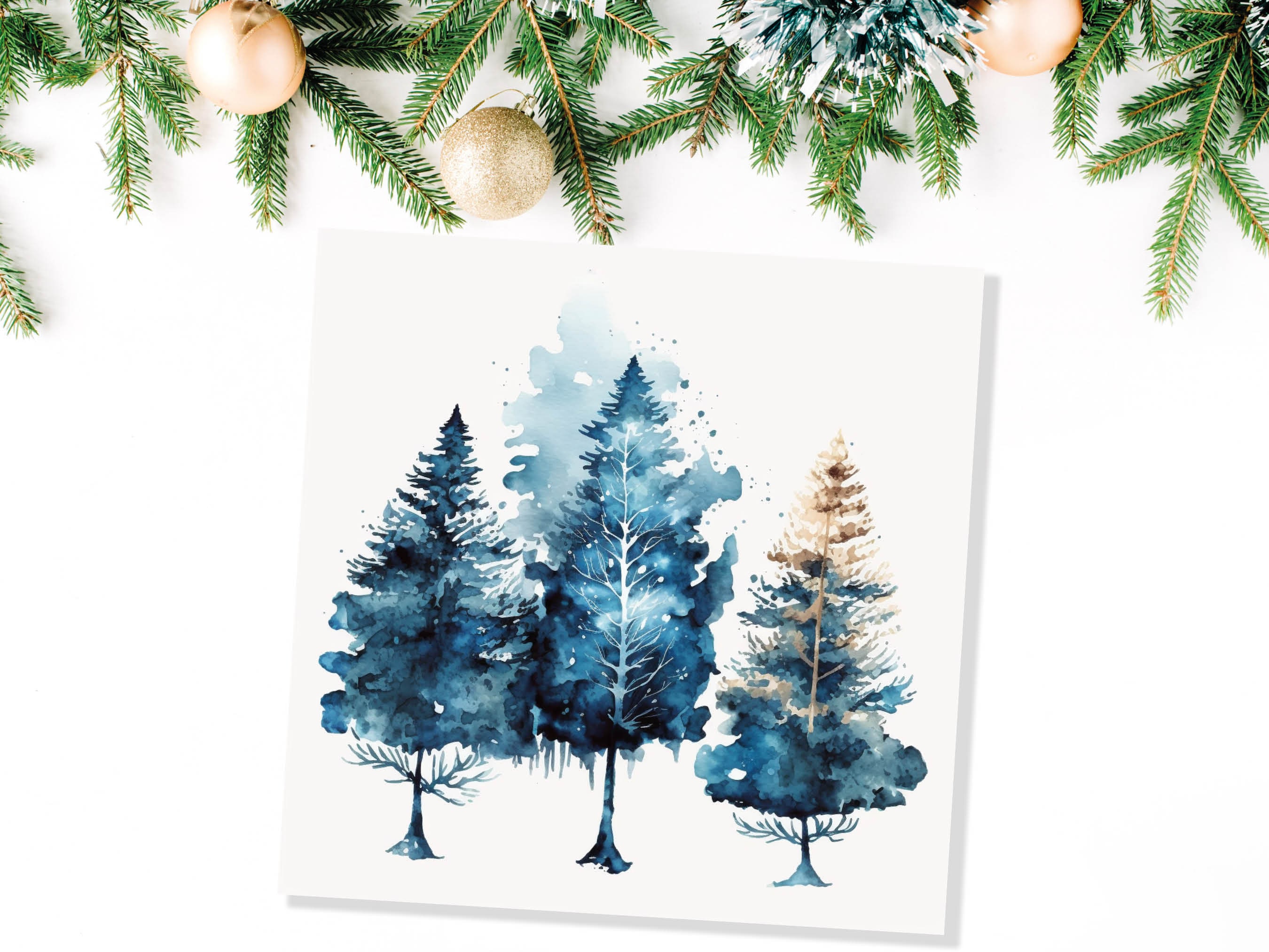 Watercolour Trees Christmas Card Prussian Blue Modern Elegant Fir Tree Messy Painting Simple Greetings Cards For Family Friends Xmas 2025 - View 8