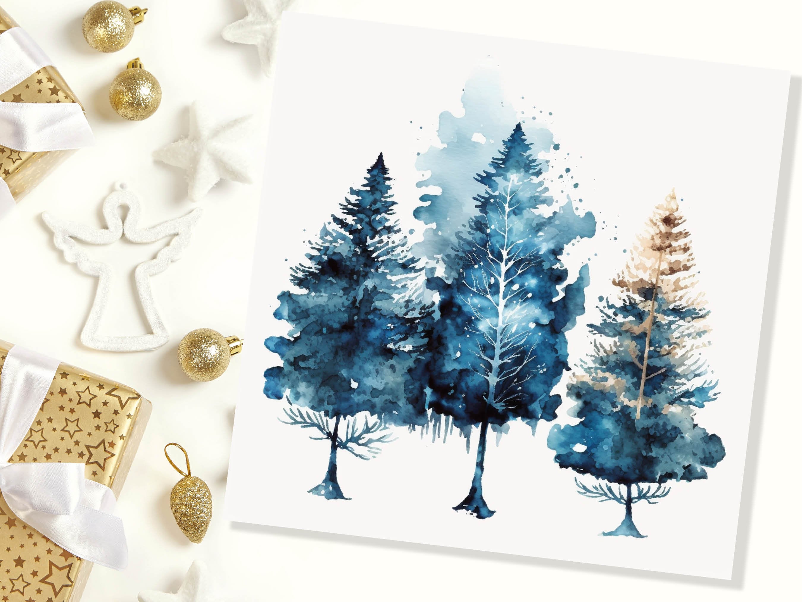Watercolour Trees Christmas Card Prussian Blue Modern Elegant Fir Tree Messy Painting Simple Greetings Cards For Family Friends Xmas 2025 - View 6