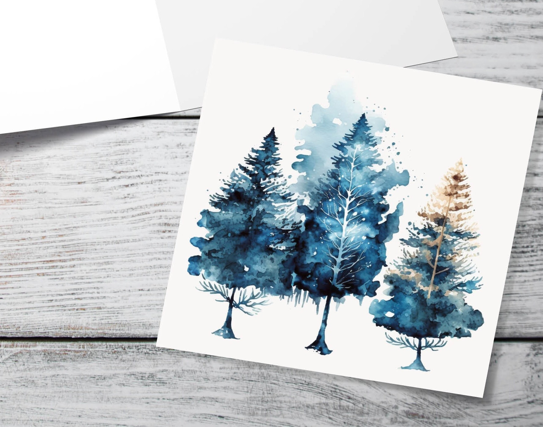 Watercolour Trees Christmas Card Prussian Blue Modern Elegant Fir Tree Messy Painting Simple Greetings Cards For Family Friends Xmas 2025 - View 10
