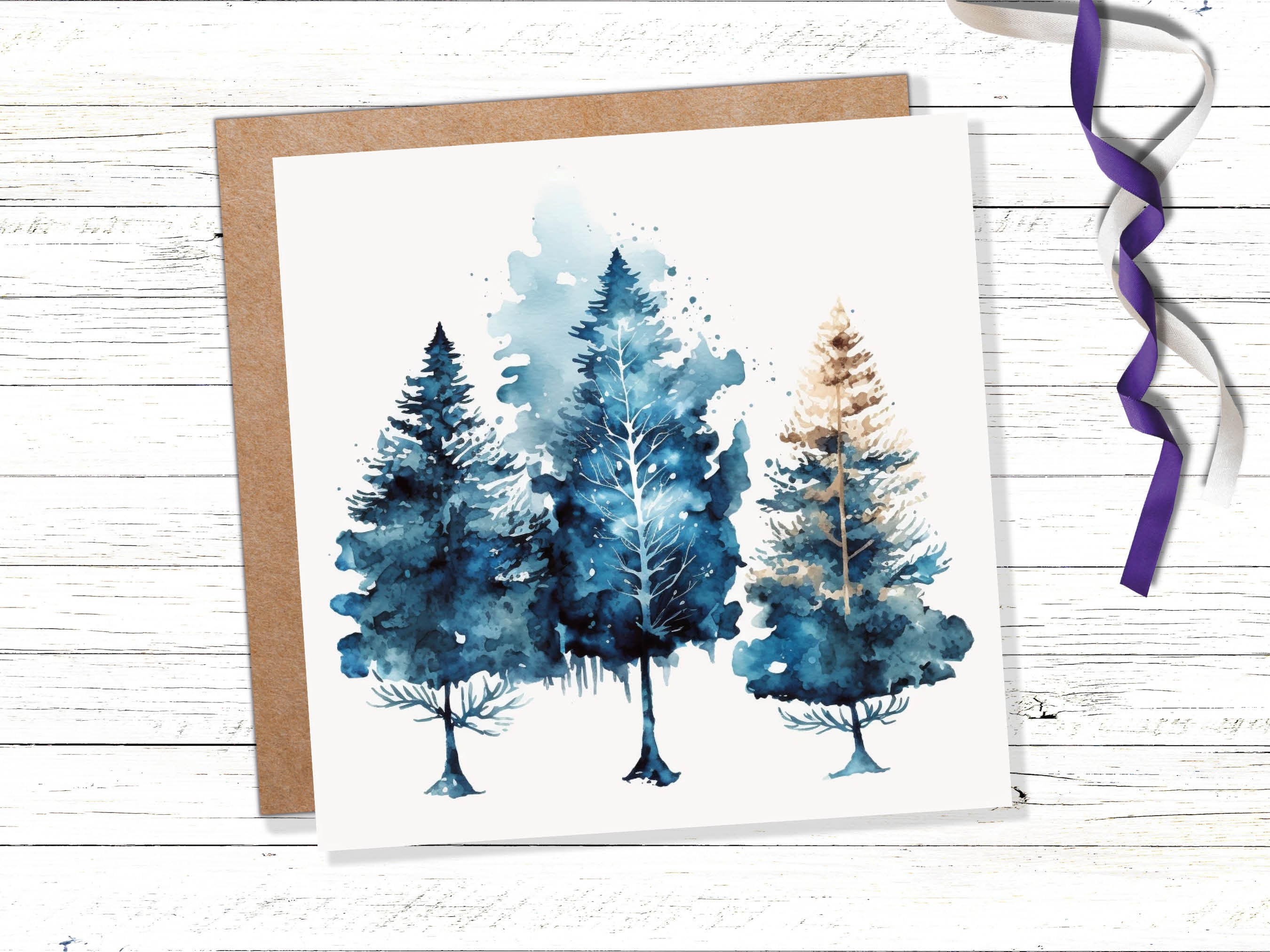 Watercolour Trees Christmas Card Prussian Blue Modern Elegant Fir Tree Messy Painting Simple Greetings Cards For Family Friends Xmas 2025 - View 2