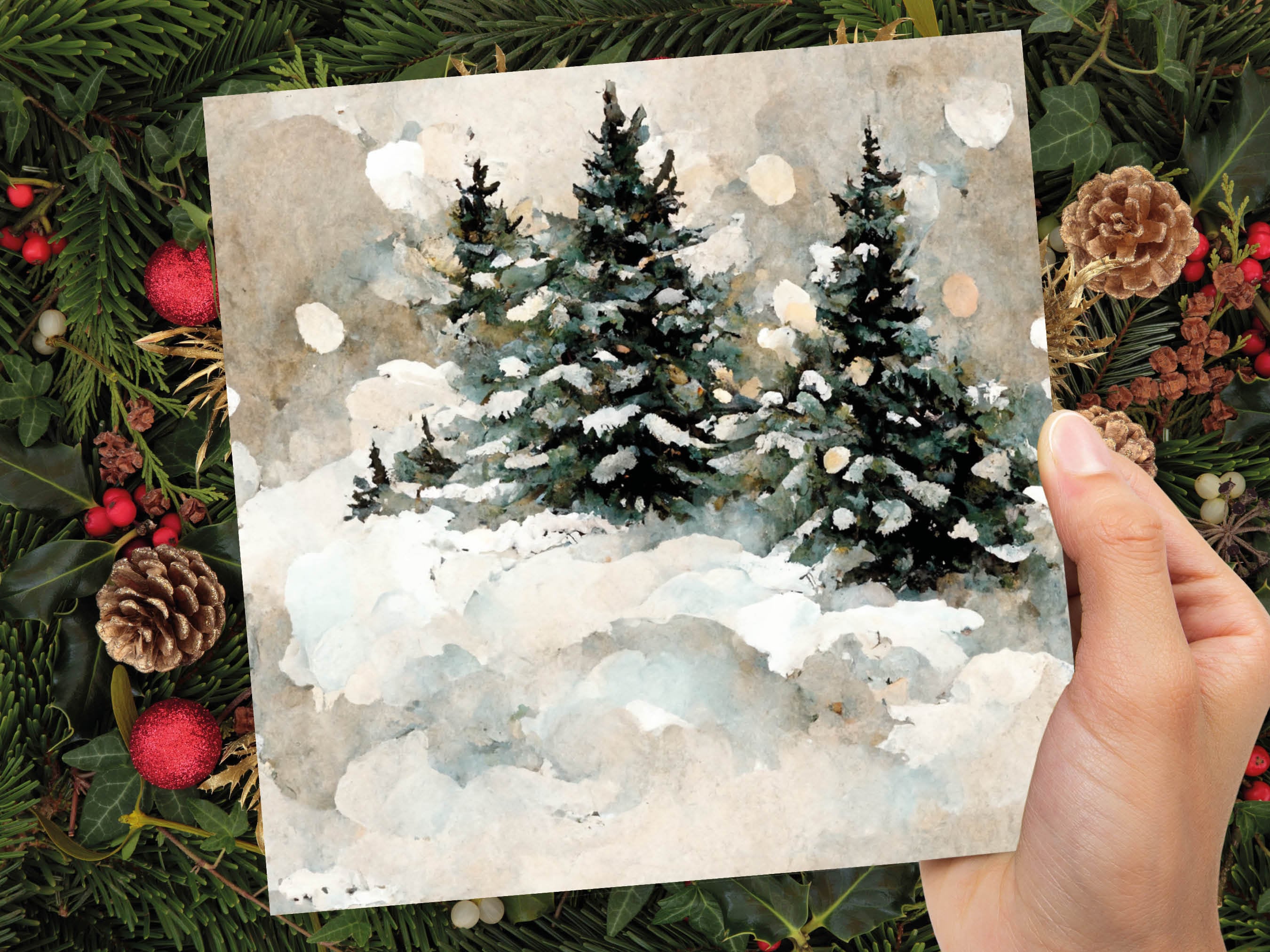 White Christmas Card Snow Scene Snowy Trees Winter Landscape Festive Watercolour Painting Greetings Family Friends Xmas 2025 1, 5, 10 Pack - View 7