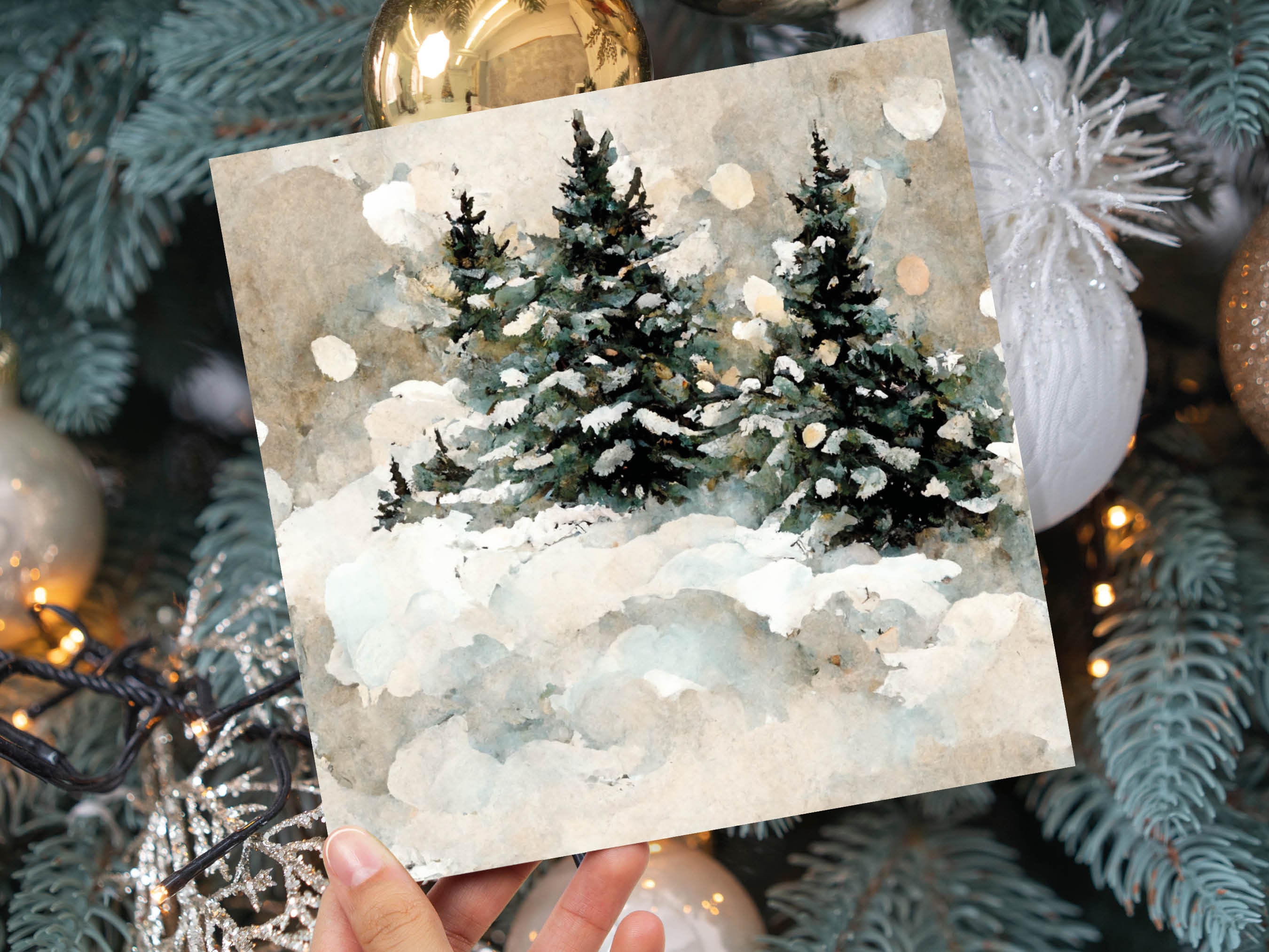 White Christmas Card Snow Scene Snowy Trees Winter Landscape Festive Watercolour Painting Greetings Family Friends Xmas 2025 1, 5, 10 Pack - View 3
