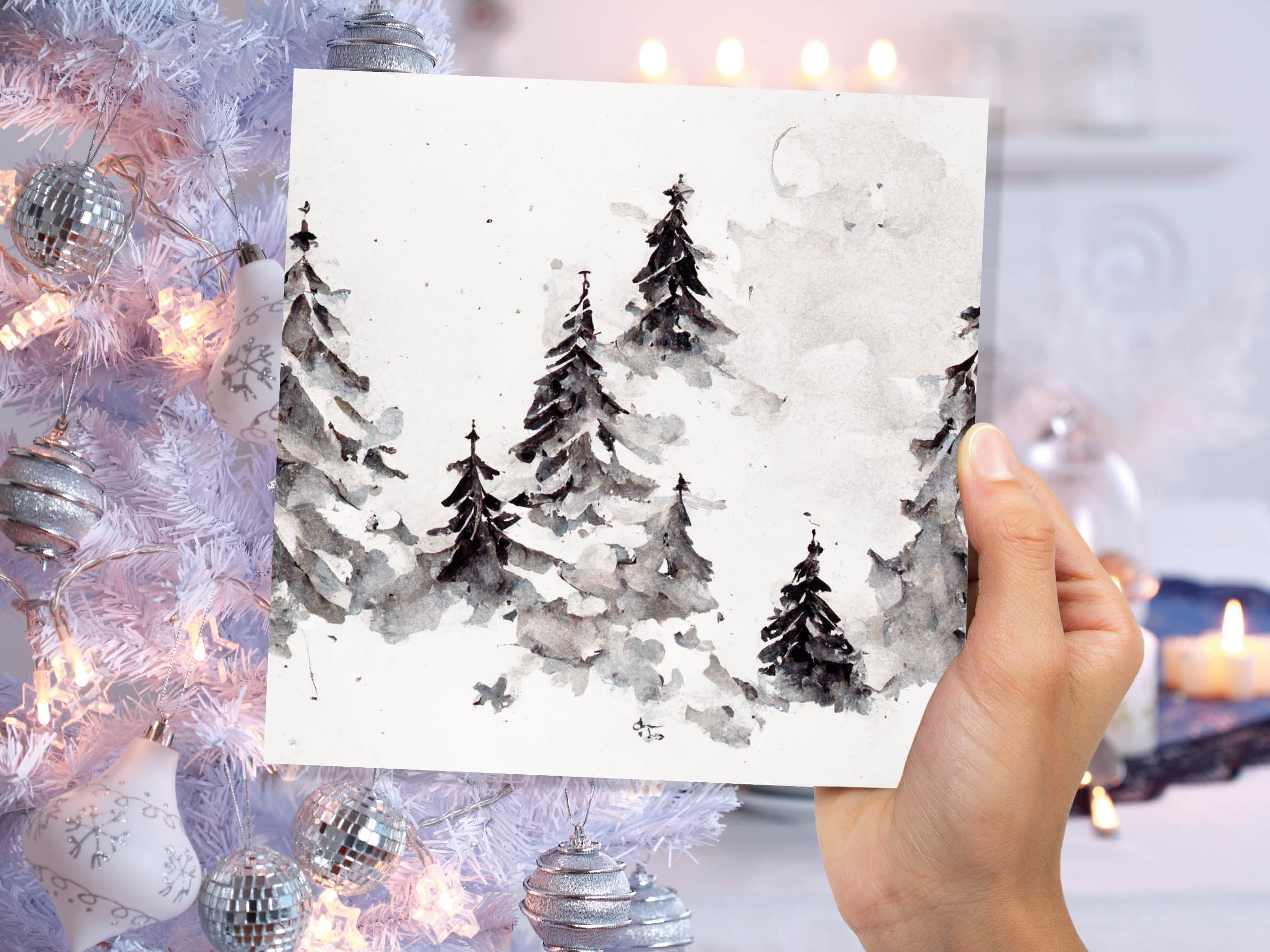 Simple Watercolour Pine Tree Card Snowy Trees Scene White Snow Winter Landscape Painting Family Friends Christmas 2025 Minimal Snowy Scenery - View 3