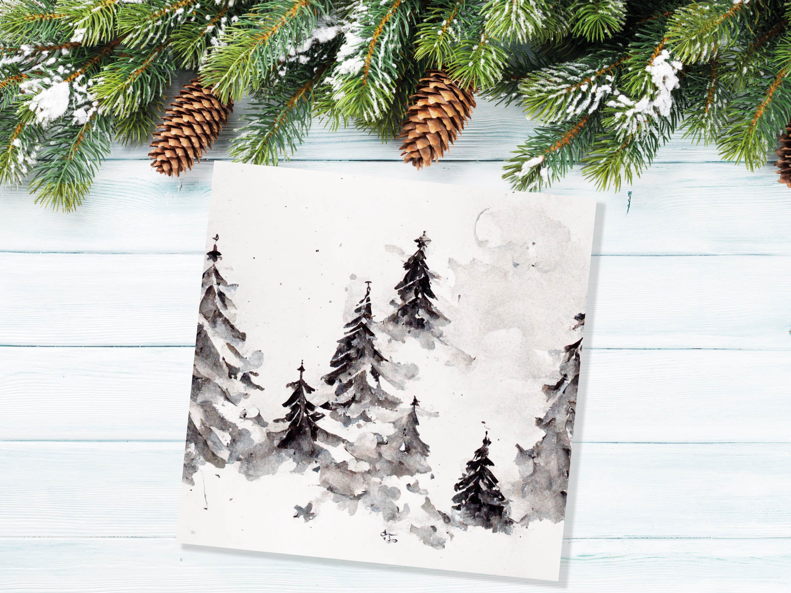 Simple Watercolour Pine Tree Card Snowy Trees Scene White Snow Winter Landscape Painting Family Friends Christmas 2025 Minimal Snowy Scenery - View 4