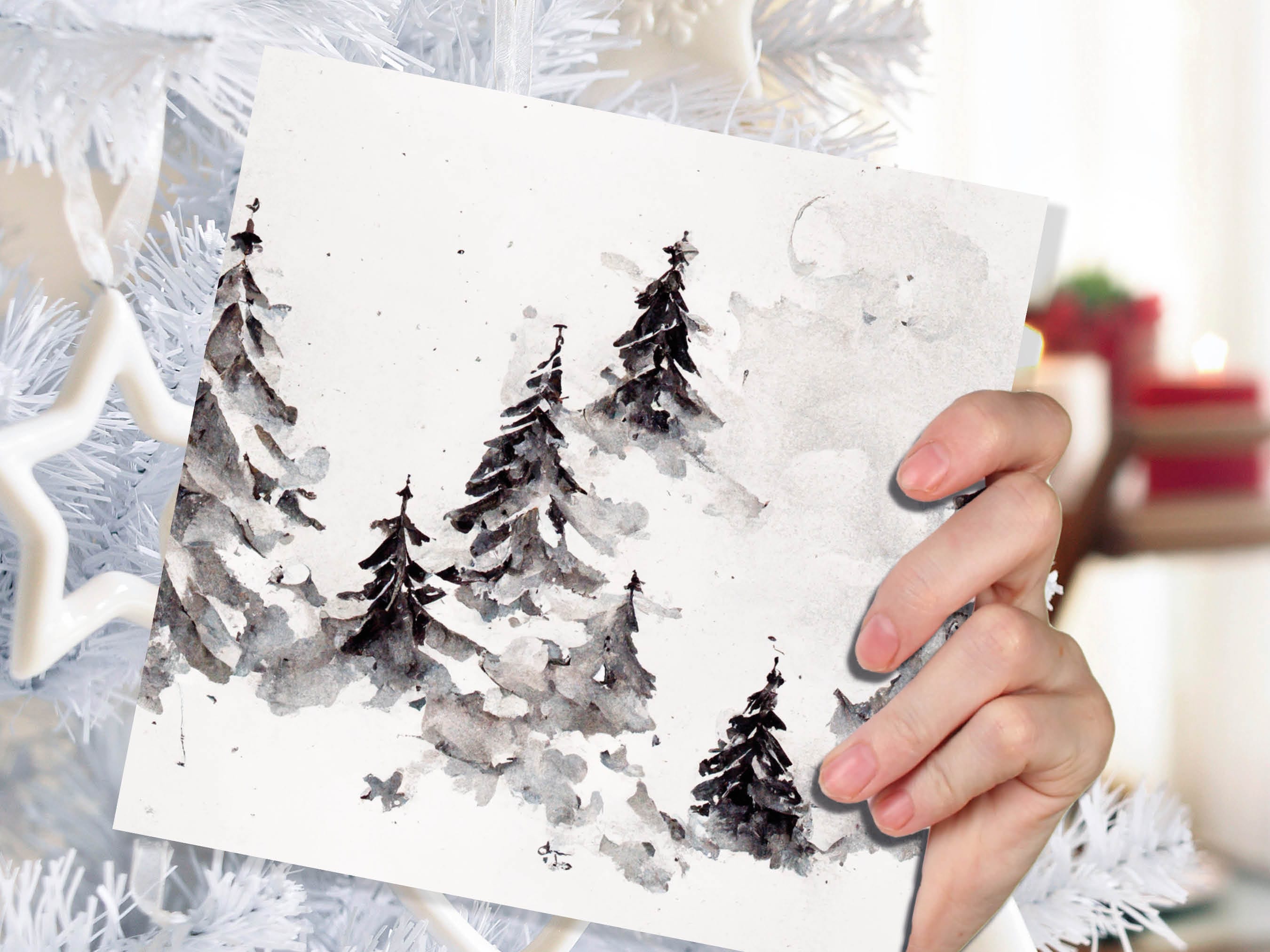 Simple Watercolour Pine Tree Card Snowy Trees Scene White Snow Winter Landscape Painting Family Friends Christmas 2025 Minimal Snowy Scenery - View 5
