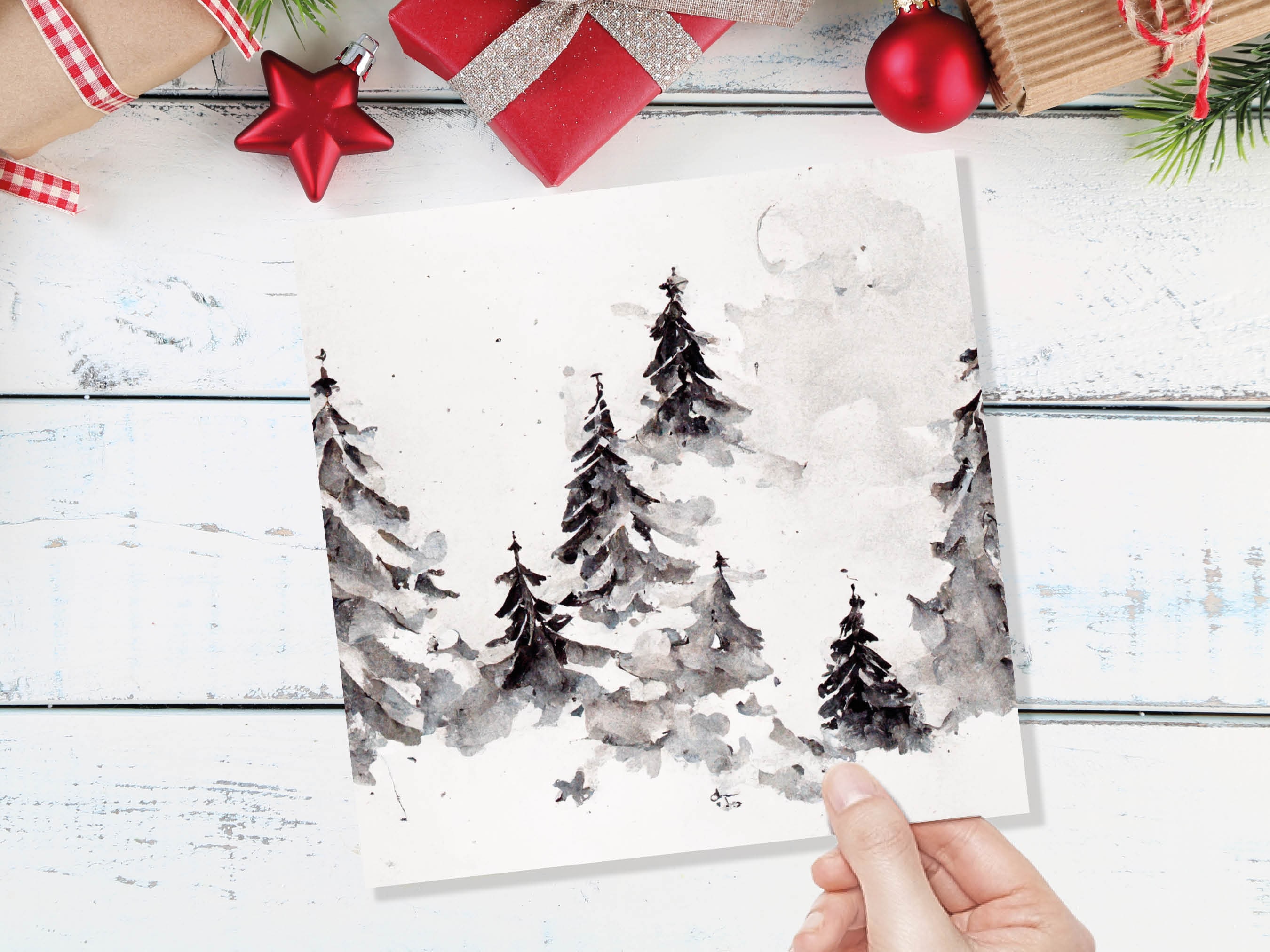 Simple Watercolour Pine Tree Card Snowy Trees Scene White Snow Winter Landscape Painting Family Friends Christmas 2025 Minimal Snowy Scenery - View 7