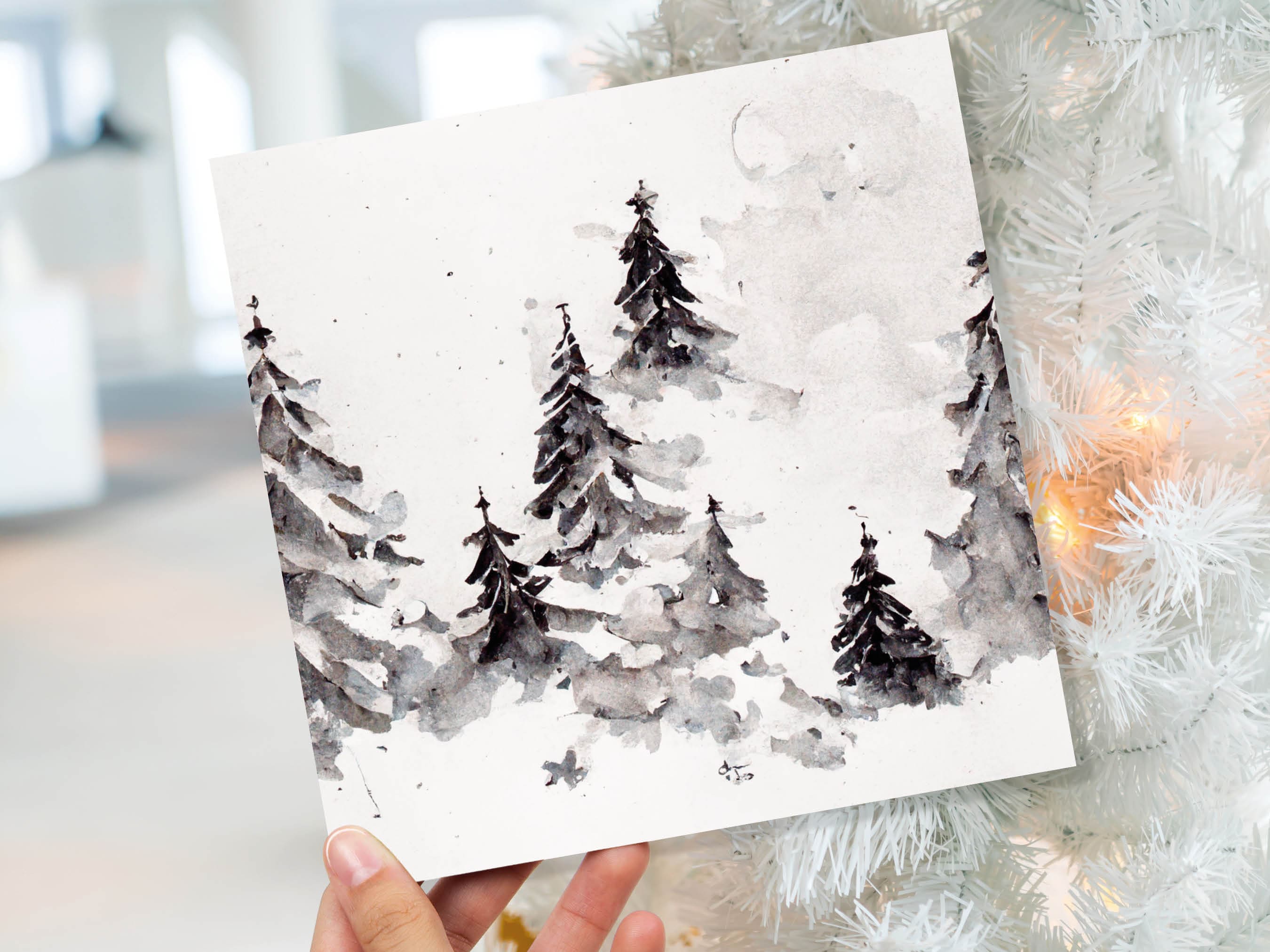 Simple Watercolour Pine Tree Card Snowy Trees Scene White Snow Winter Landscape Painting Family Friends Christmas 2025 Minimal Snowy Scenery - View 8