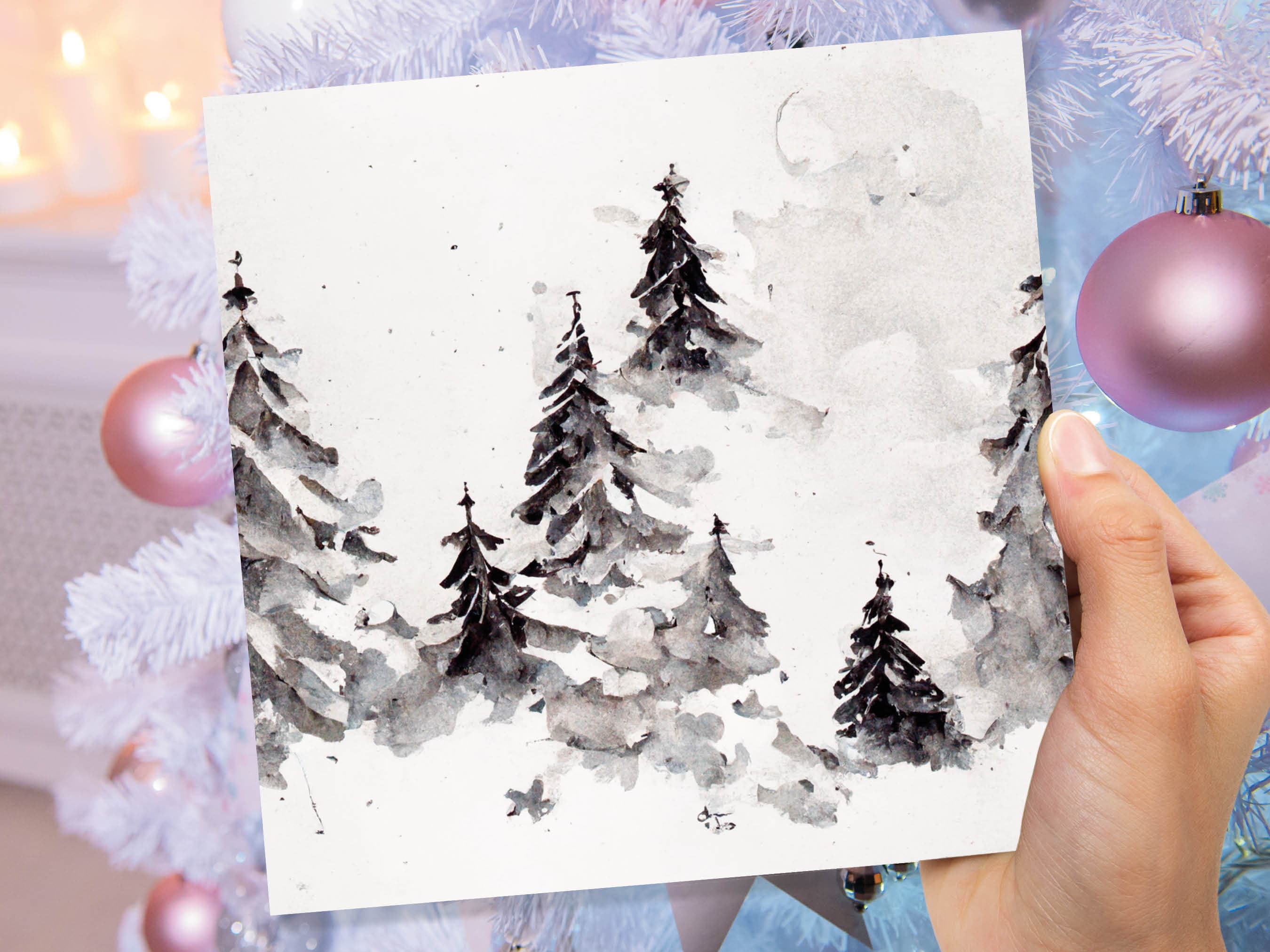 Simple Watercolour Pine Tree Card Snowy Trees Scene White Snow Winter Landscape Painting Family Friends Christmas 2025 Minimal Snowy Scenery - View 6