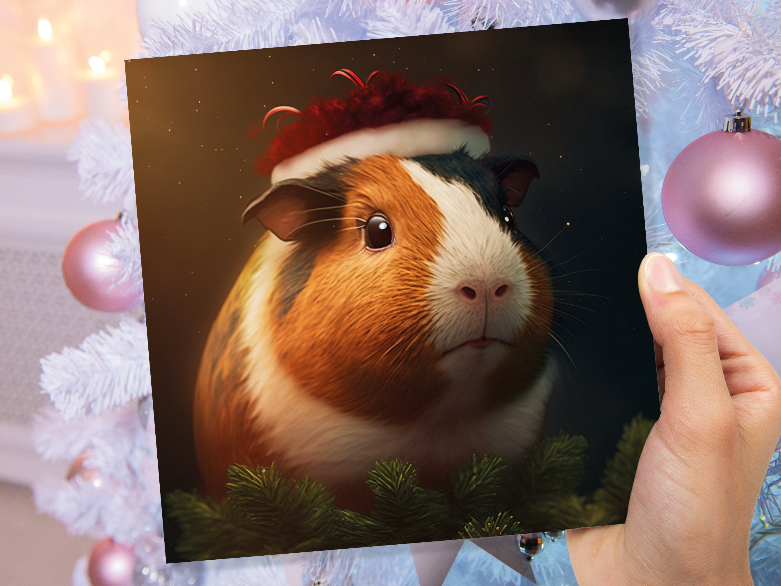 Cute Guinea Pig Christmas Card Wearing Xmas Hat Unique Greetings For Cavy Fans Family Friends Xmas 2025 1 or 10 Pack Set for Owners Pets Fun