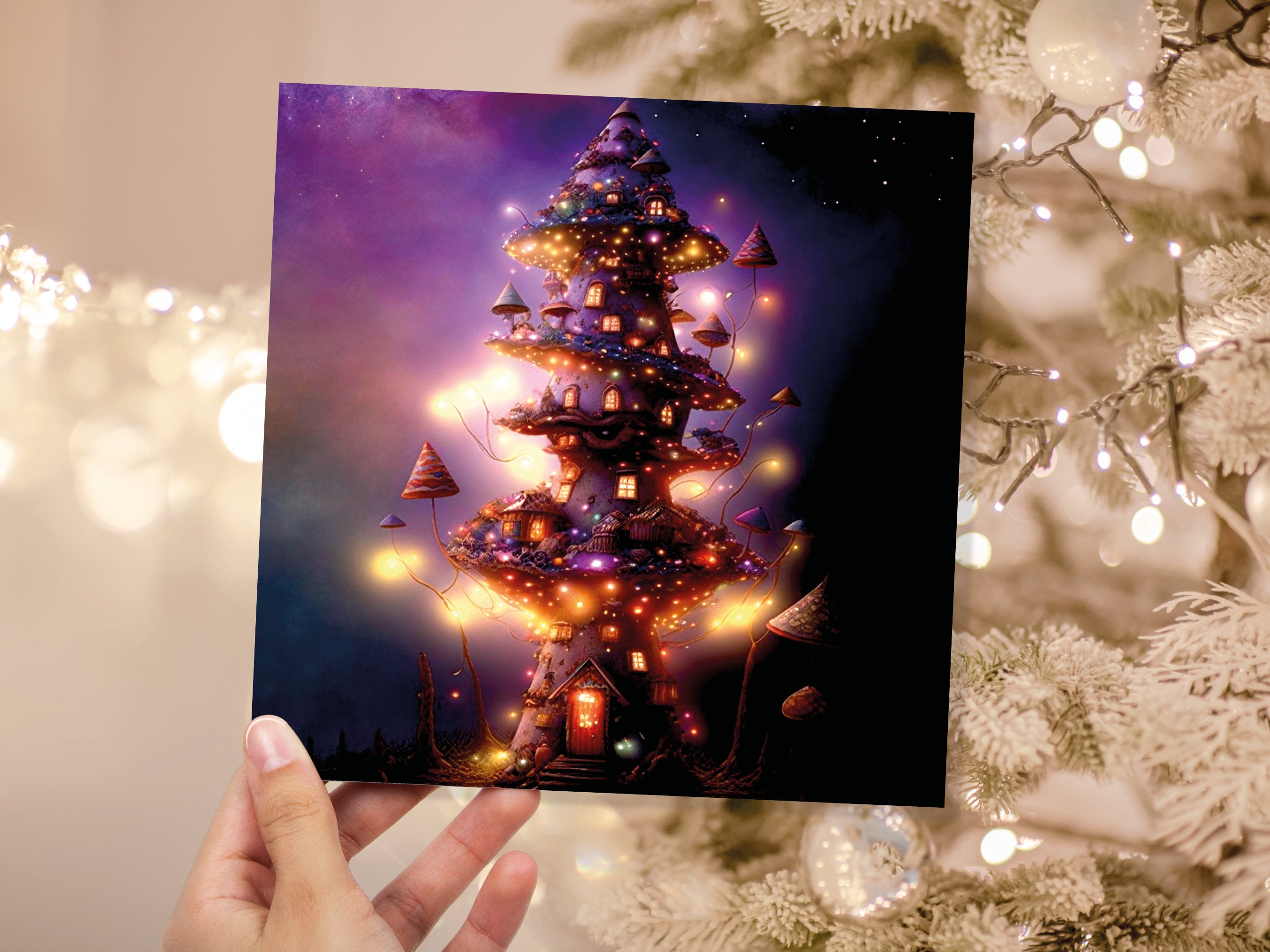 Mushroom House Tree Card with Warm Lights Snow Glowing Purple Painting Unique Whimsical Fairytale For Family Friends Xmas 23 Thank you Love - View 8