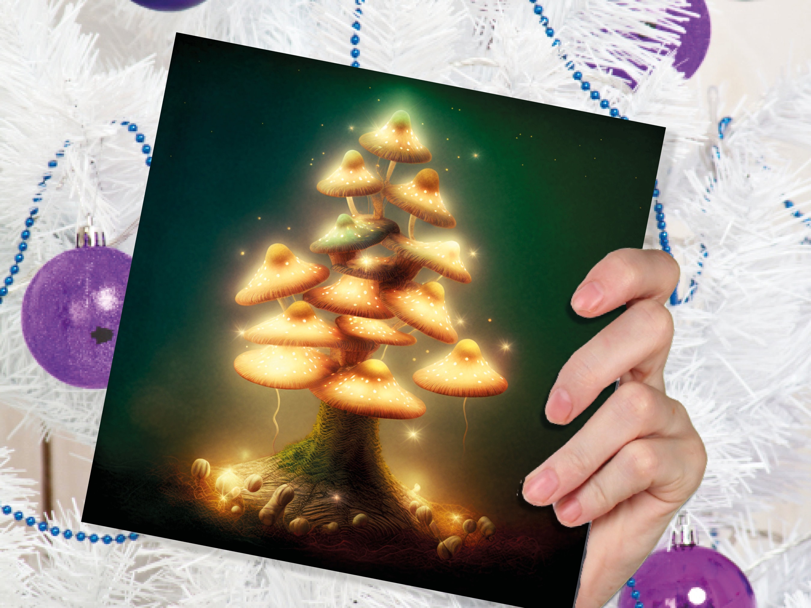 Mushrooms Tree Card Warm Golden Glowing Magical Fairycore Fairytale Fairy Lights Unique Whimsical For Family Friends Xmas 2025 Thank You - View 6