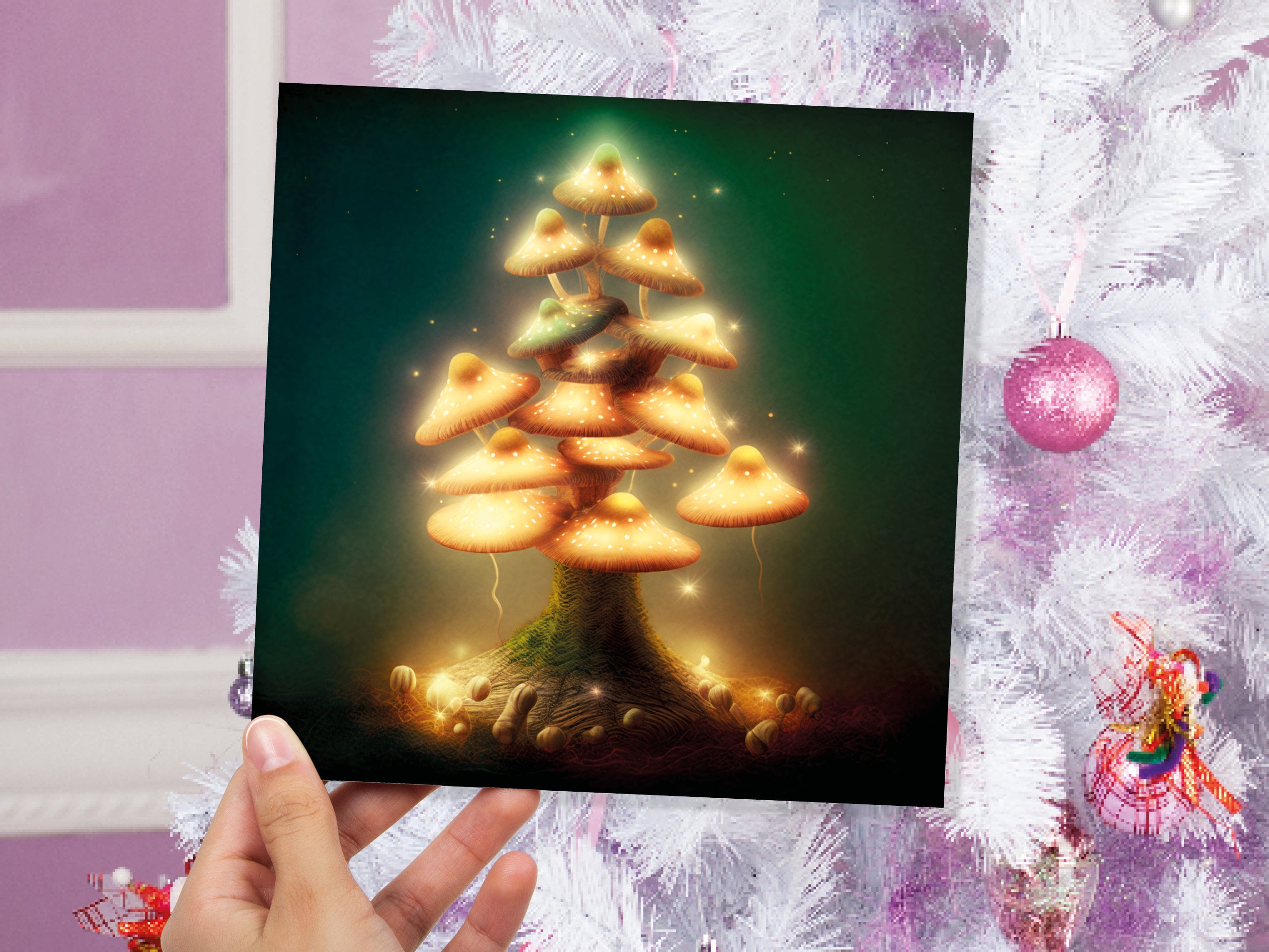 Mushrooms Tree Card Warm Golden Glowing Magical Fairycore Fairytale Fairy Lights Unique Whimsical For Family Friends Xmas 2025 Thank You - View 8
