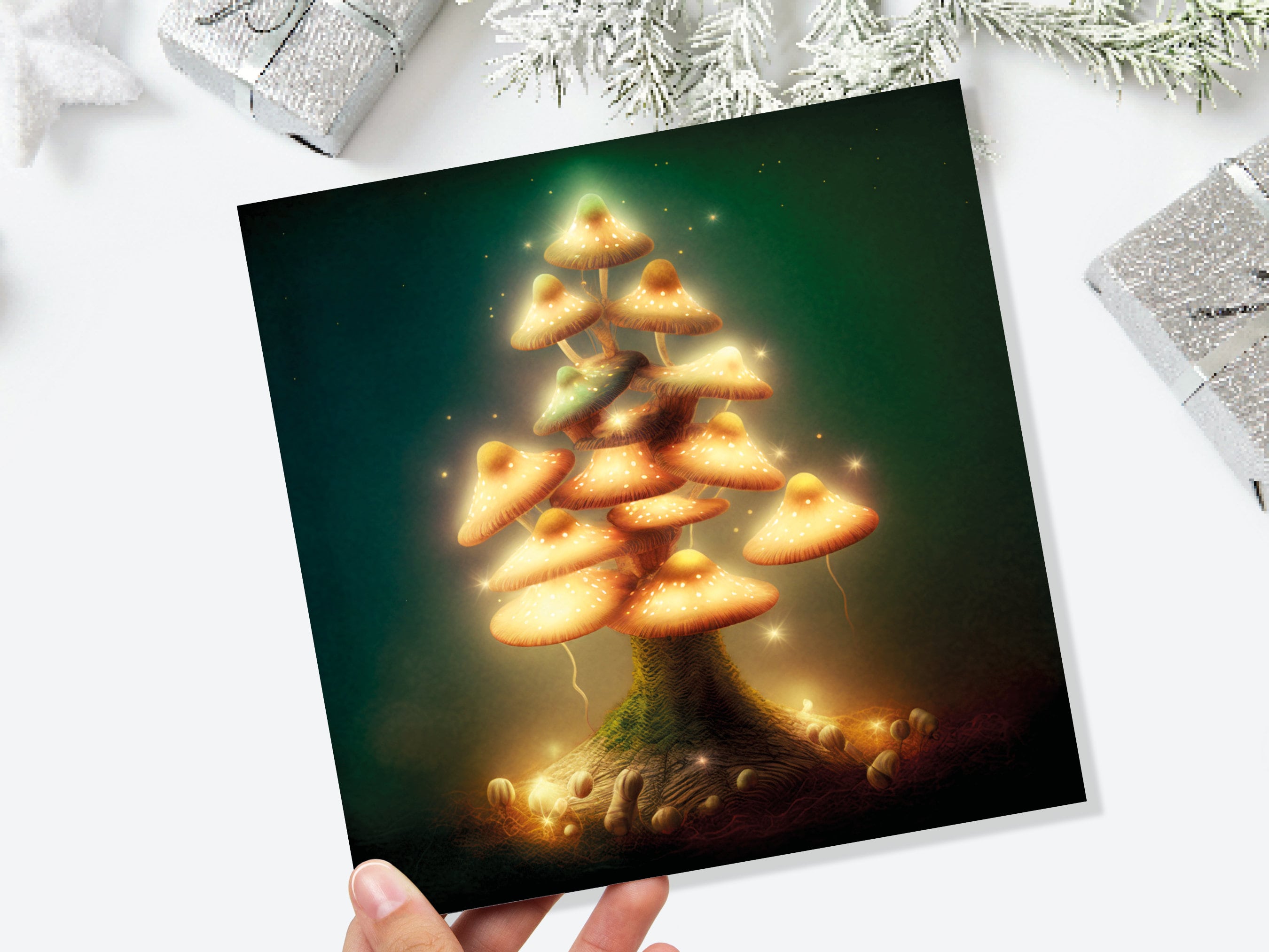Mushrooms Tree Card Warm Golden Glowing Magical Fairycore Fairytale Fairy Lights Unique Whimsical For Family Friends Xmas 2025 Thank You - View 2
