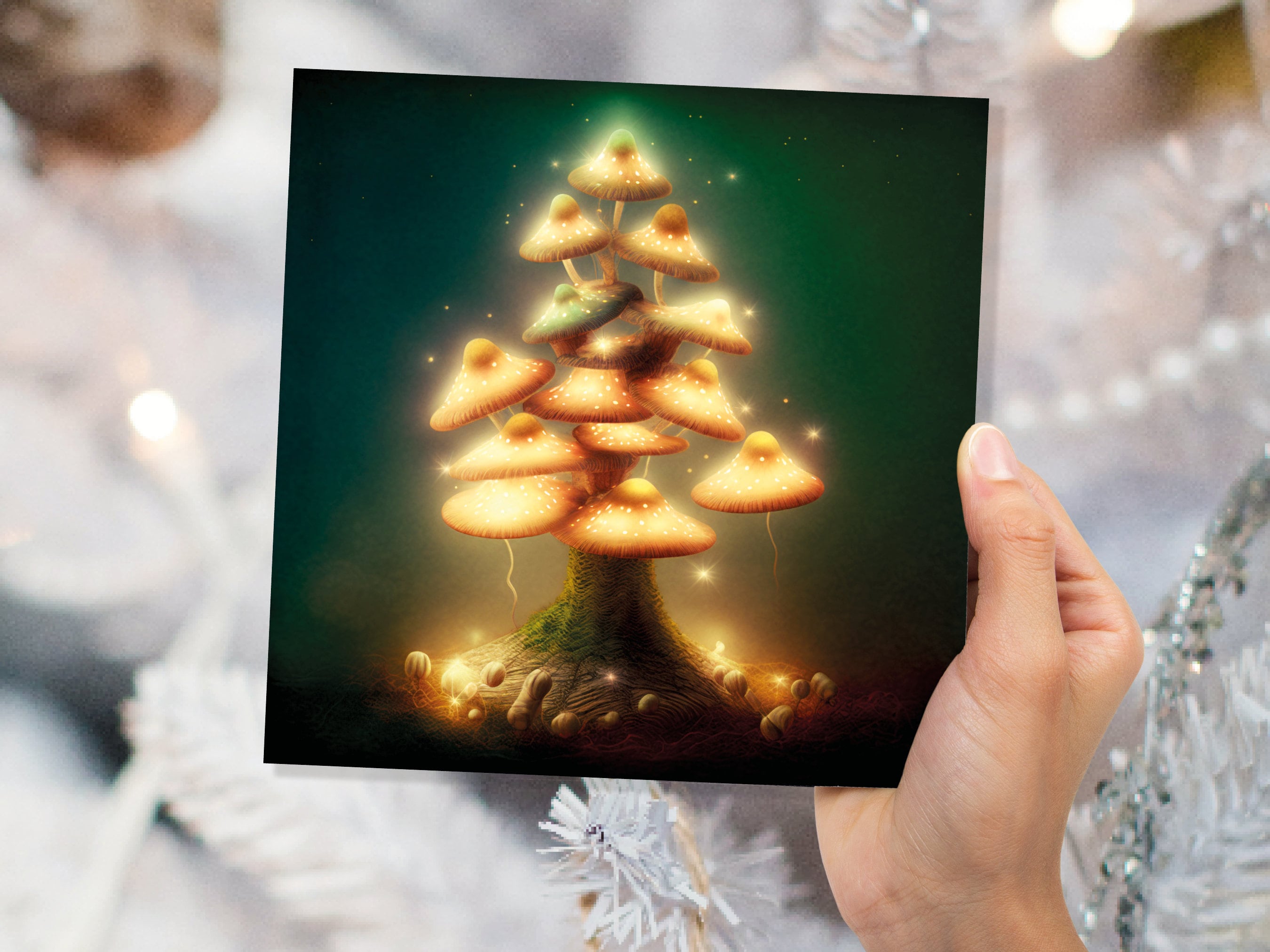 Mushrooms Tree Card Warm Golden Glowing Magical Fairycore Fairytale Fairy Lights Unique Whimsical For Family Friends Xmas 2025 Thank You - View 7