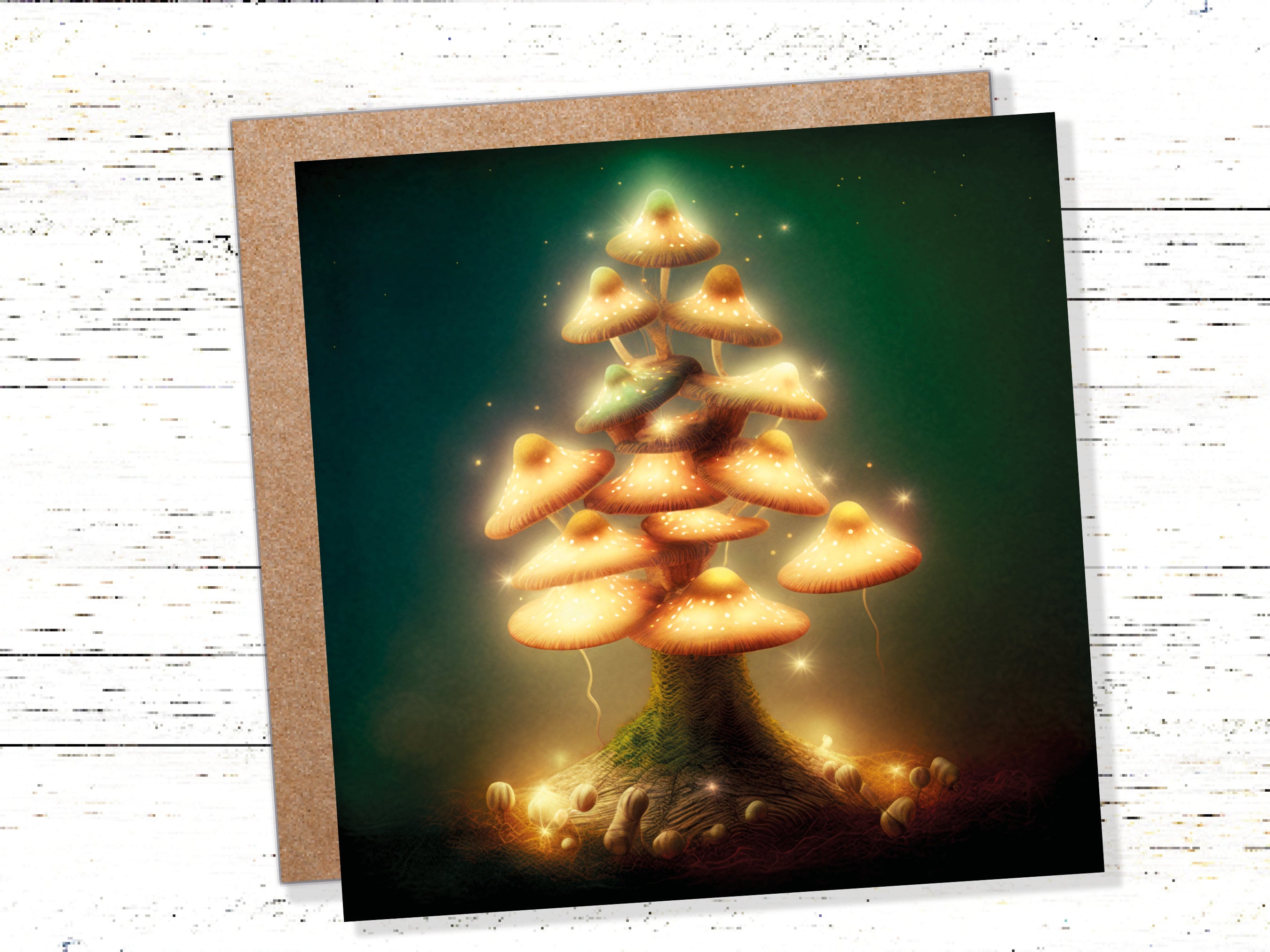 Mushrooms Tree Card Warm Golden Glowing Magical Fairycore Fairytale Fairy Lights Unique Whimsical For Family Friends Xmas 2025 Thank You - View 9