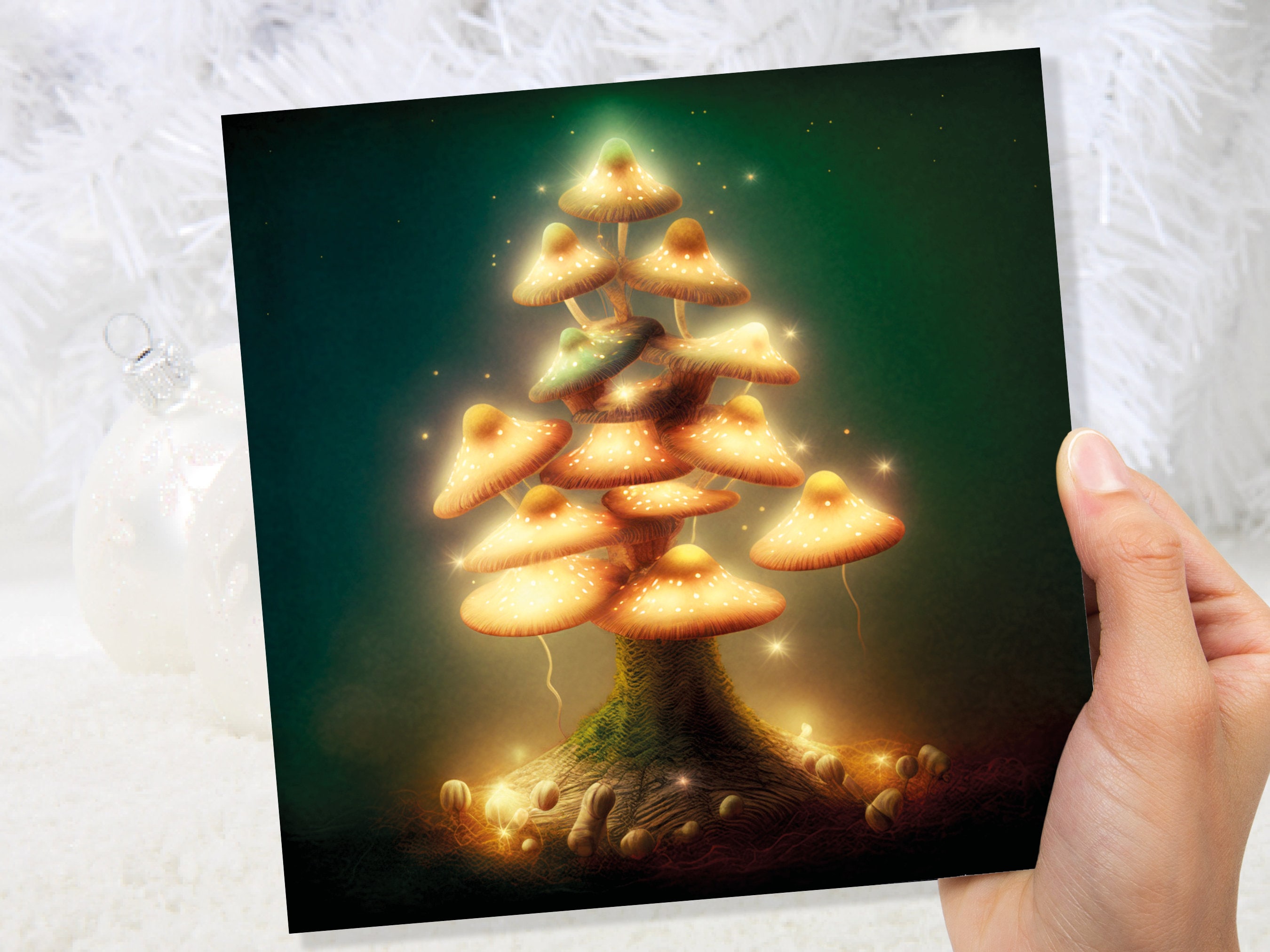 Mushrooms Tree Card Warm Golden Glowing Magical Fairycore Fairytale Fairy Lights Unique Whimsical For Family Friends Xmas 2025 Thank You - View 3
