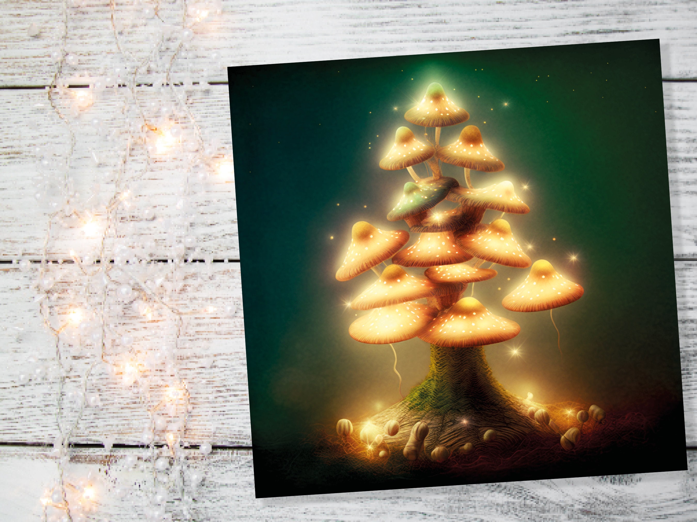 Mushrooms Tree Card Warm Golden Glowing Magical Fairycore Fairytale Fairy Lights Unique Whimsical For Family Friends Xmas 2025 Thank You - View 4