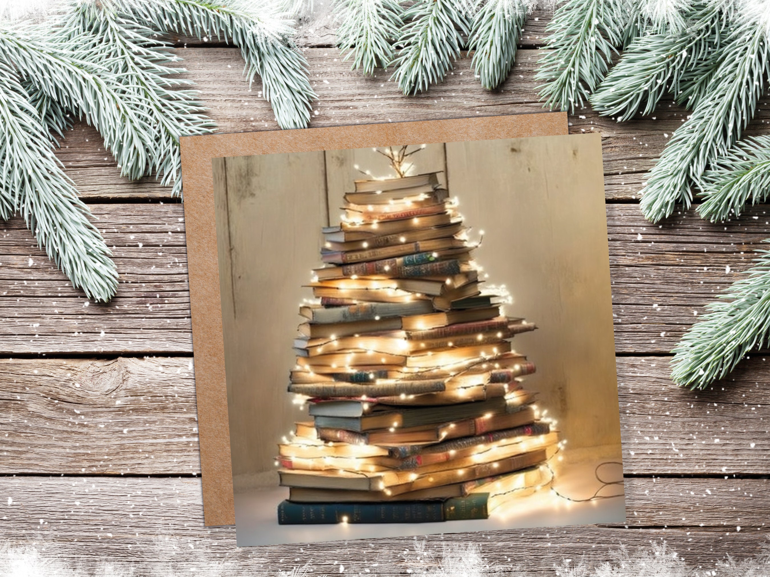 Book Lovers Christmas Card Tree and Fairy Lights Stack of Books Unique Cards for Bookworms Golden Greetings For Family Friends Xmas 2025
