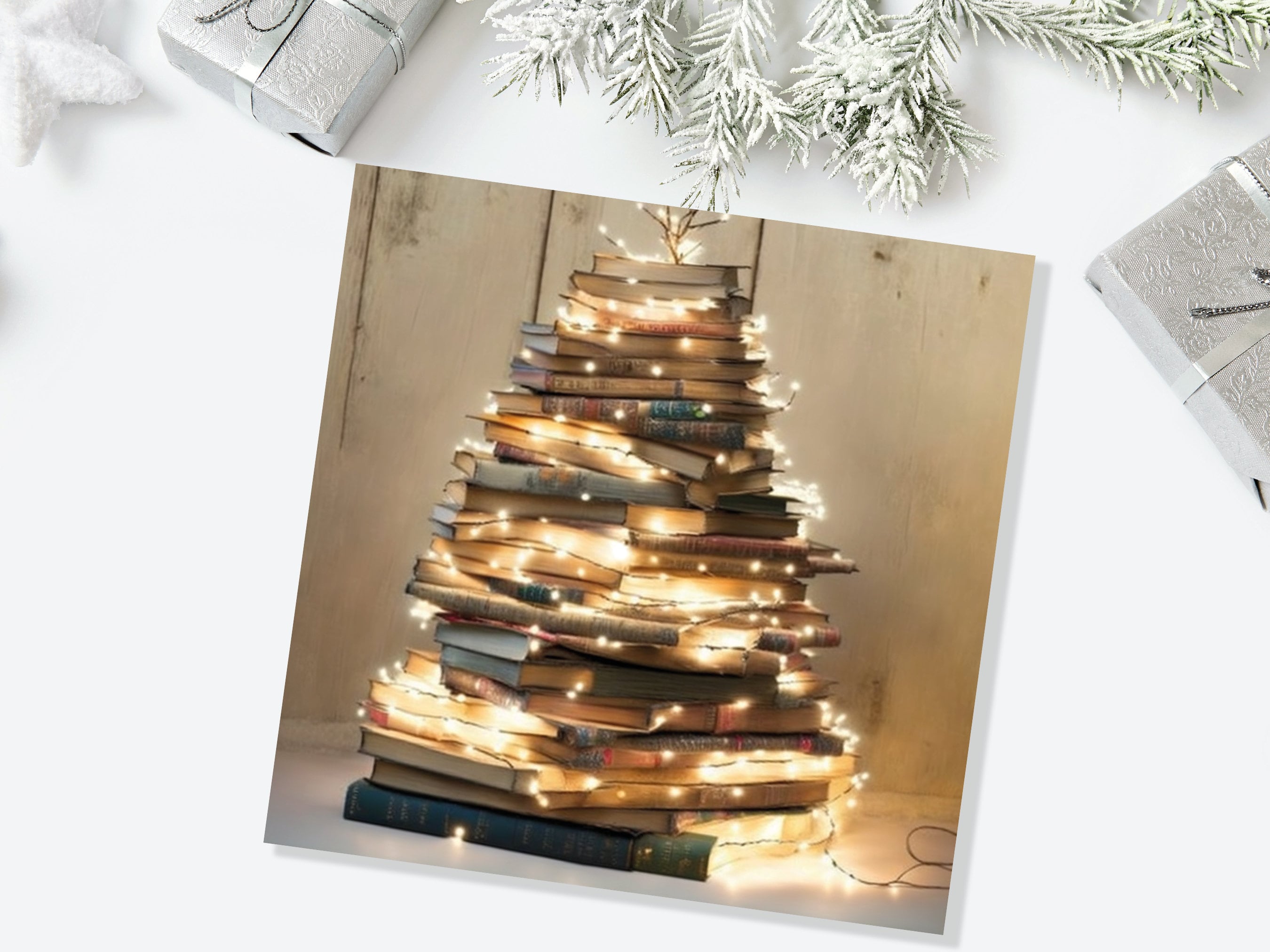 Book Lovers Christmas Card Tree and Fairy Lights Stack of Books Unique Cards for Bookworms Golden Greetings For Family Friends Xmas 2025 - View 4
