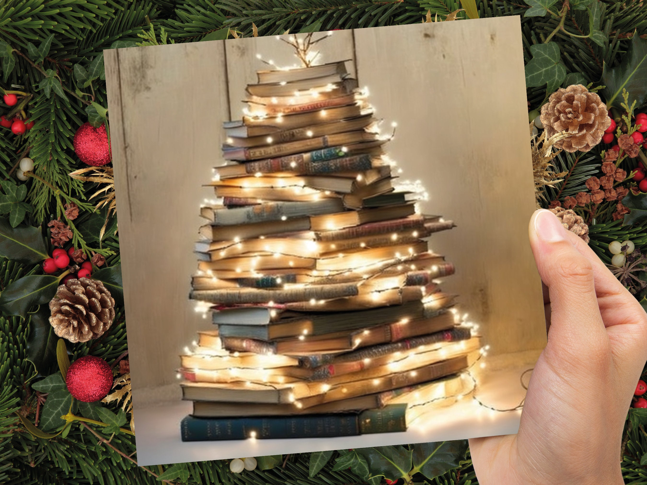 Book Lovers Christmas Card Tree and Fairy Lights Stack of Books Unique Cards for Bookworms Golden Greetings For Family Friends Xmas 2025 - View 7