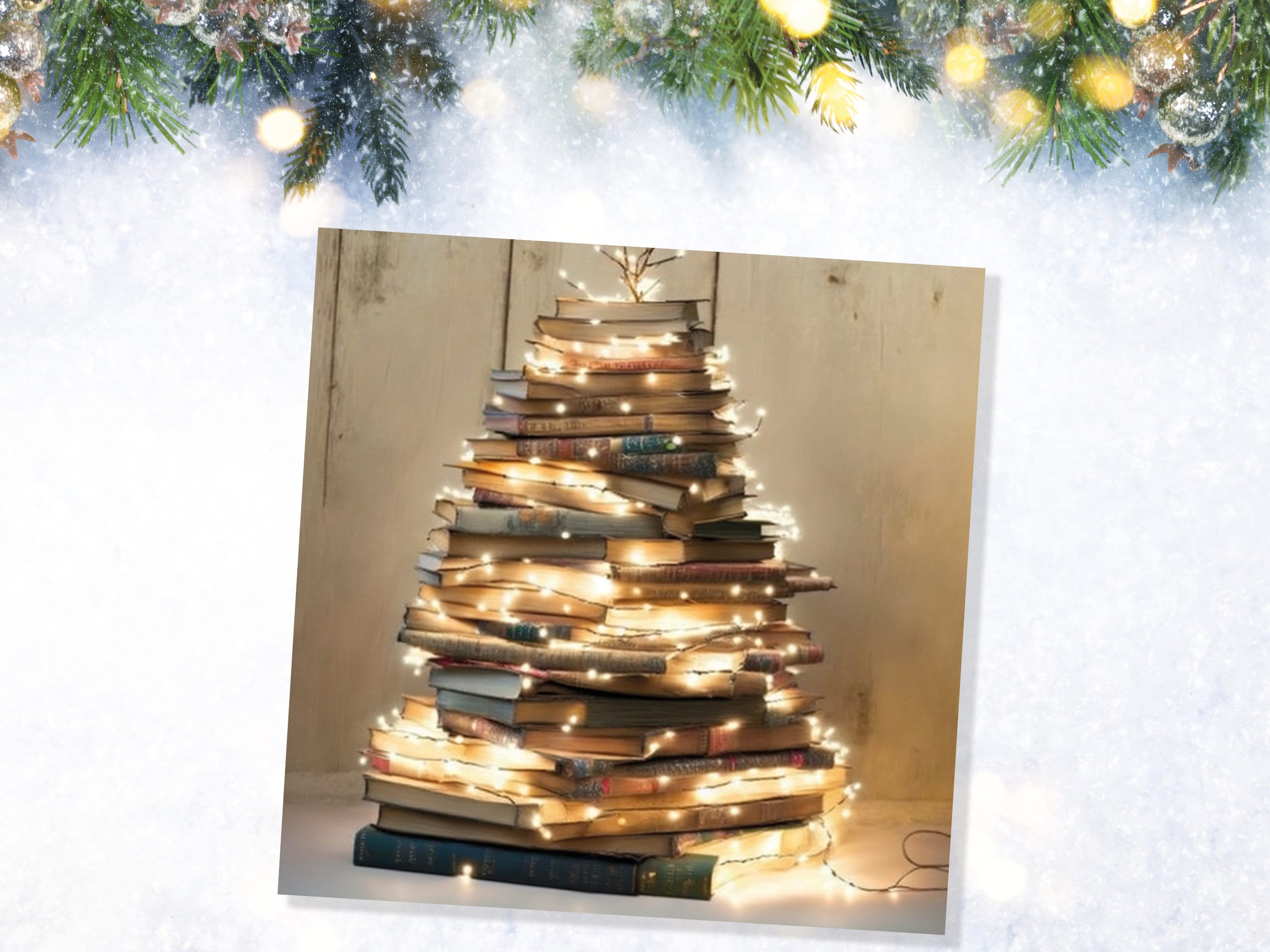 Book Lovers Christmas Card Tree and Fairy Lights Stack of Books Unique Cards for Bookworms Golden Greetings For Family Friends Xmas 2025 - View 8