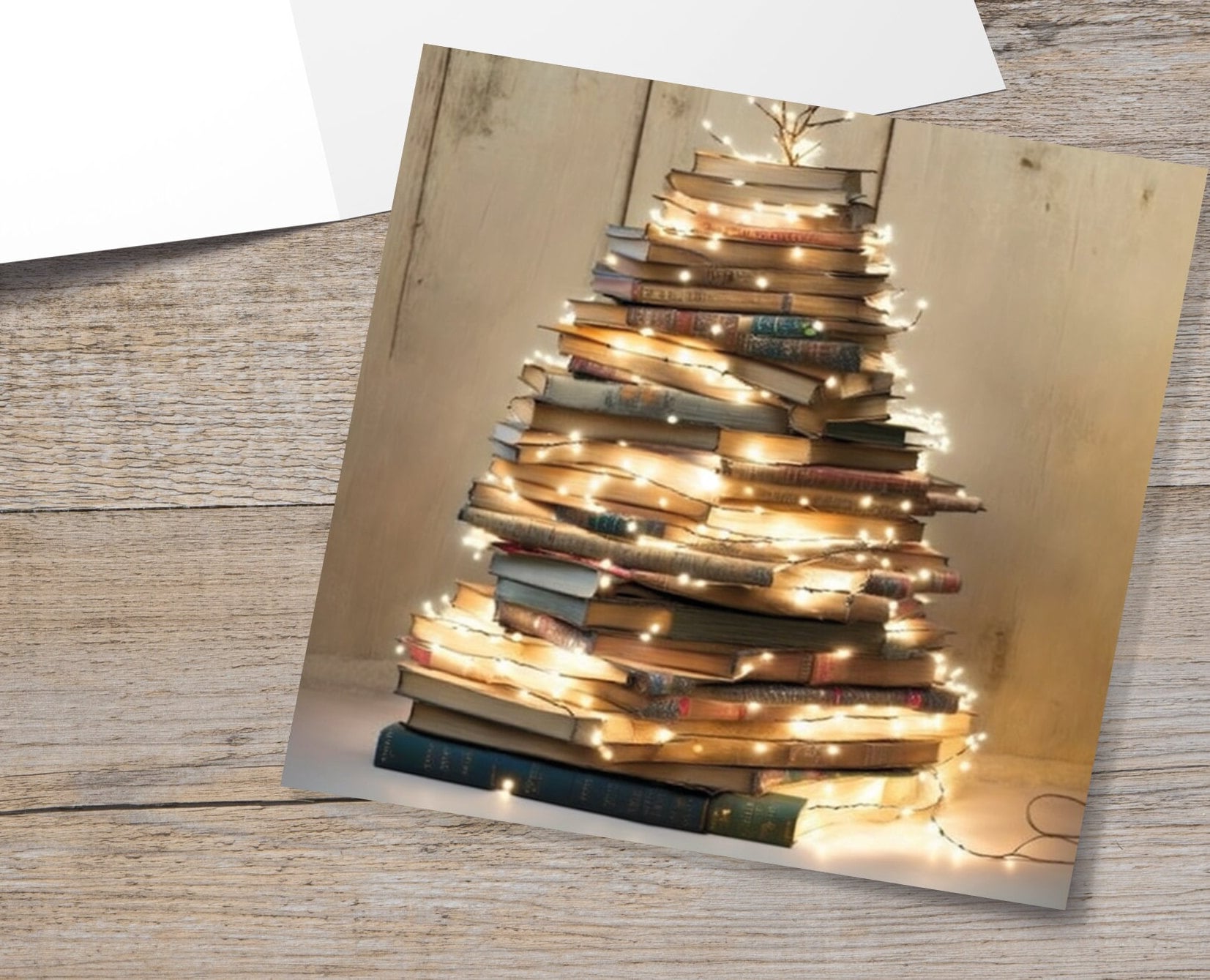 Book Lovers Christmas Card Tree and Fairy Lights Stack of Books Unique Cards for Bookworms Golden Greetings For Family Friends Xmas 2025 - View 10