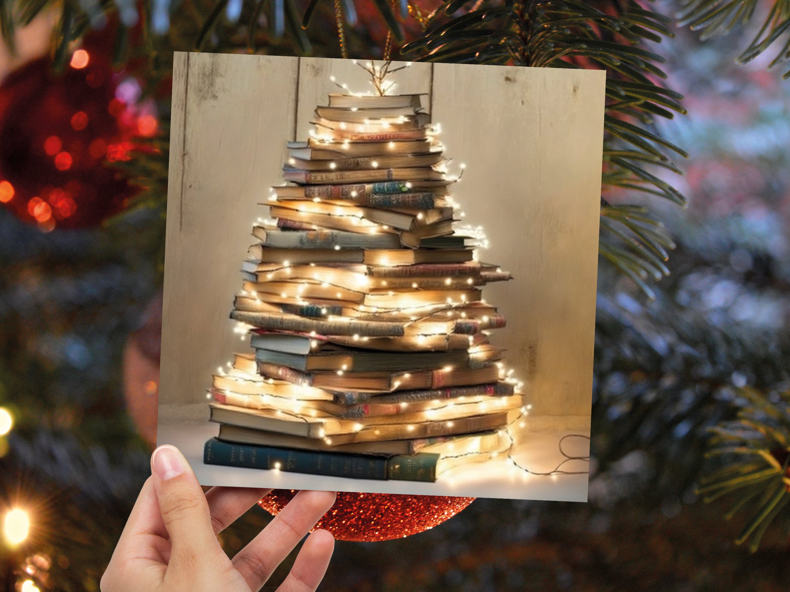 Book Lovers Christmas Card Tree and Fairy Lights Stack of Books Unique Cards for Bookworms Golden Greetings For Family Friends Xmas 2025 - View 2