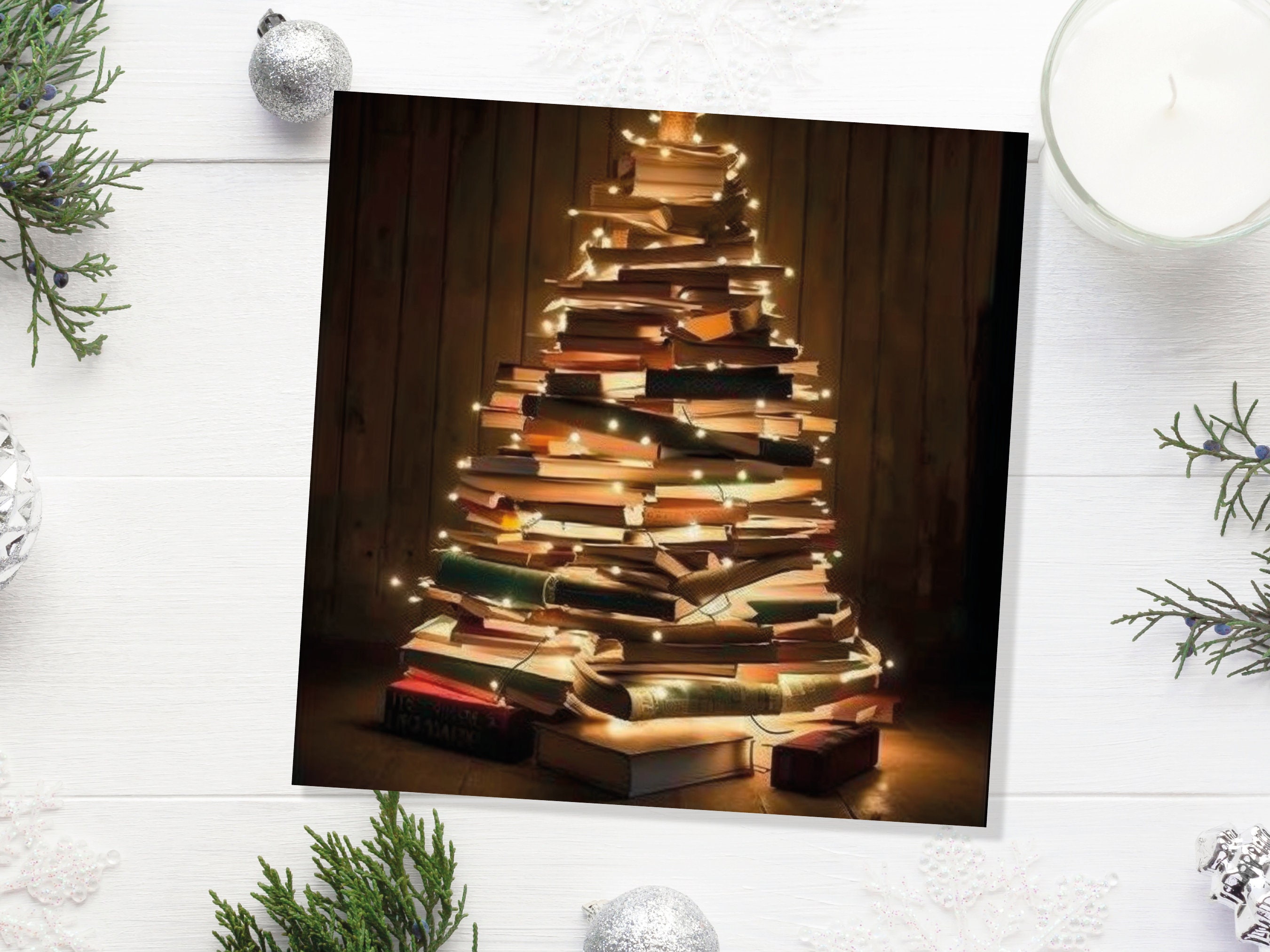 Book Lovers Christmas Tree Card and Fairy Lights Unique Cards for Bookworms Stack of Books Golden Greetings For Family Friends Xmas 2025 - View 8