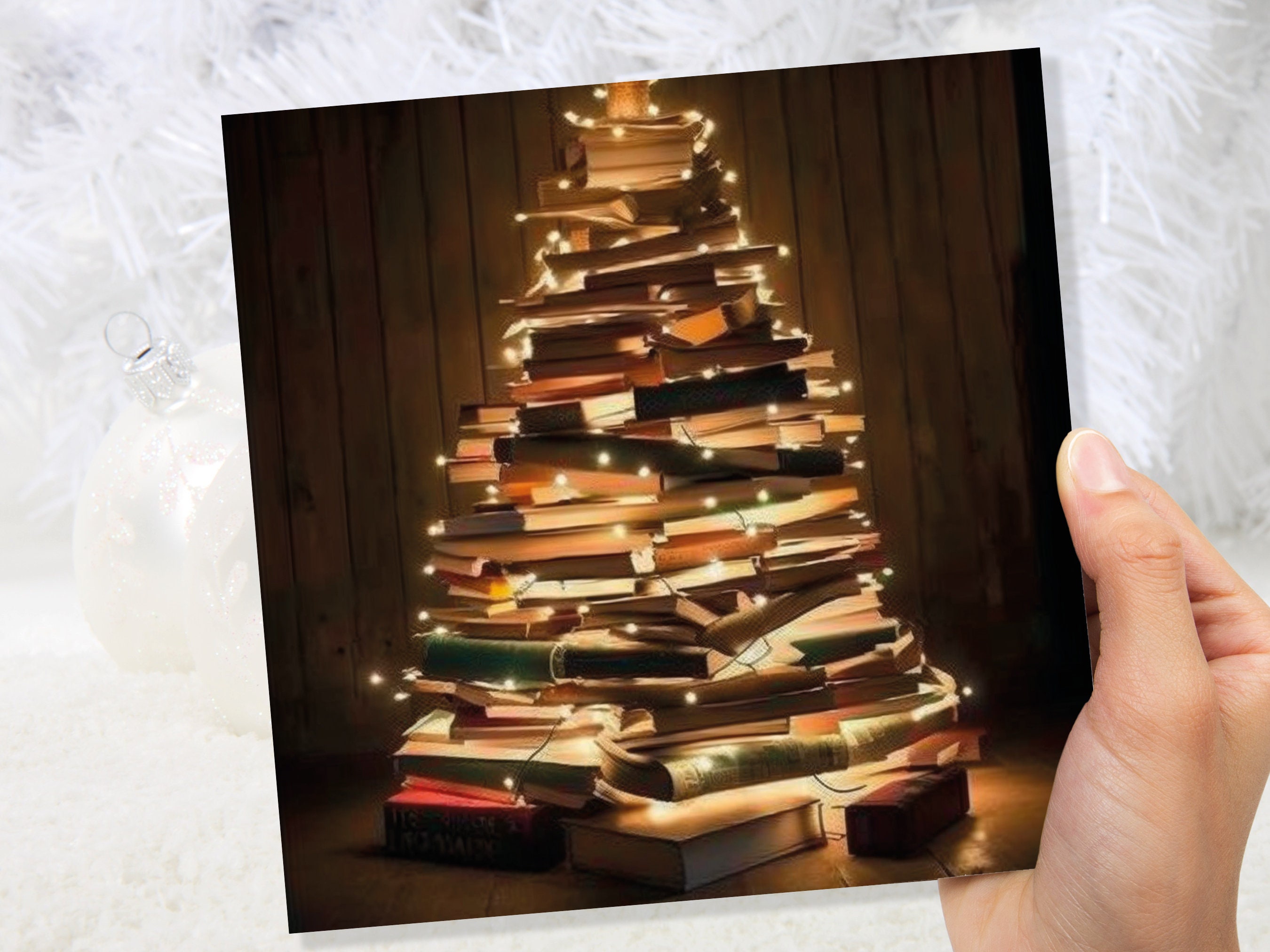Book Lovers Christmas Tree Card and Fairy Lights Unique Cards for Bookworms Stack of Books Golden Greetings For Family Friends Xmas 2025 - View 2