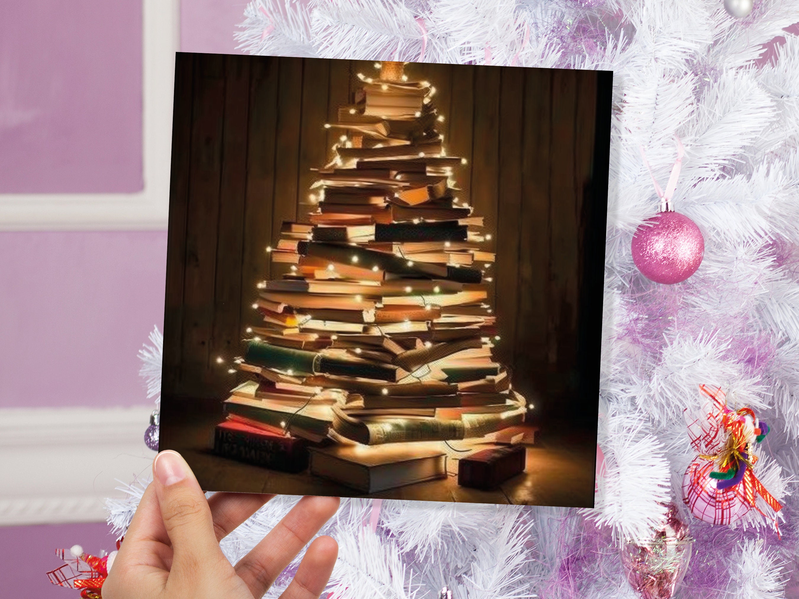 Book Lovers Christmas Tree Card and Fairy Lights Unique Cards for Bookworms Stack of Books Golden Greetings For Family Friends Xmas 2025 - View 3