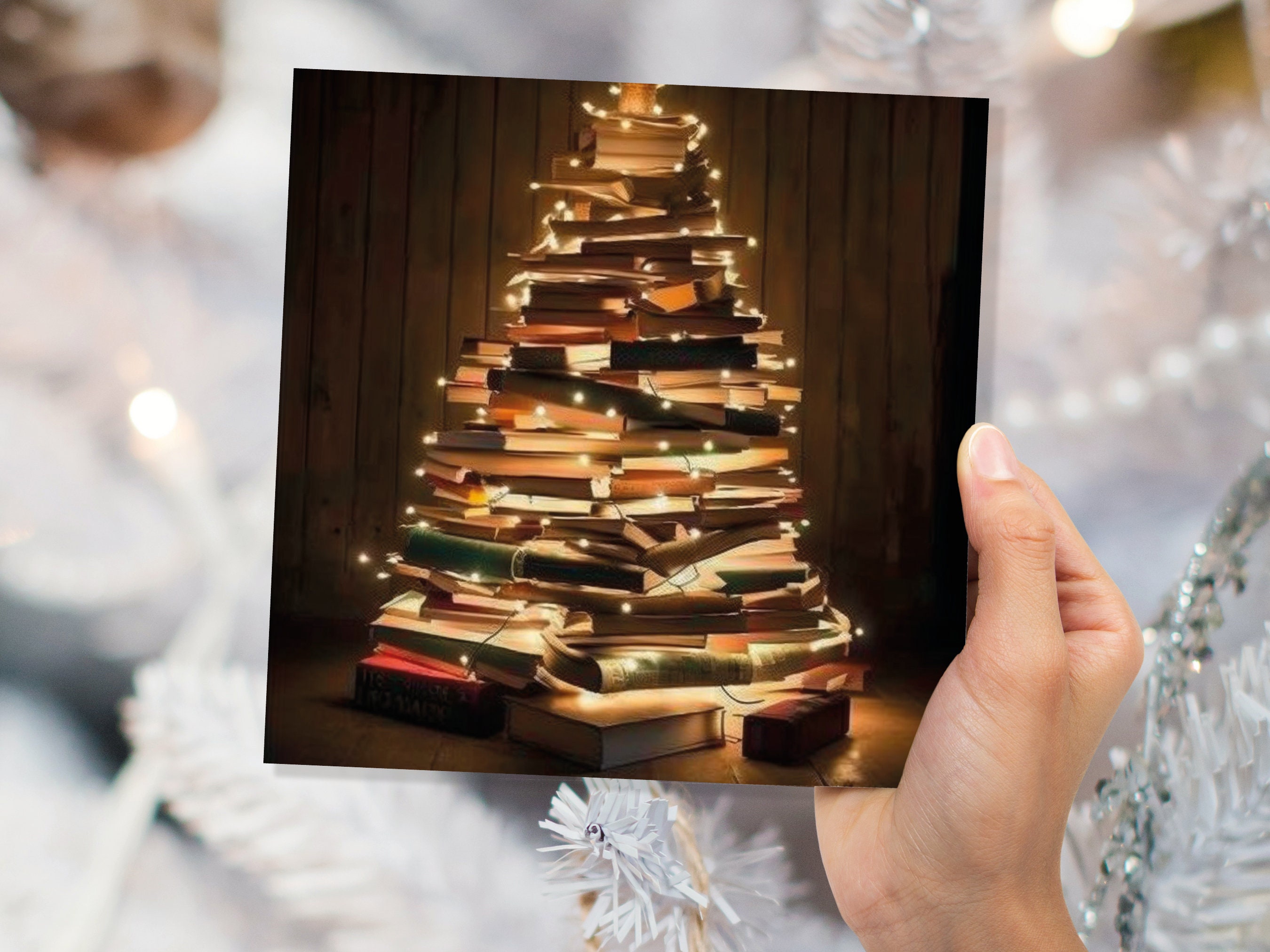 Book Lovers Christmas Tree Card and Fairy Lights Unique Cards for Bookworms Stack of Books Golden Greetings For Family Friends Xmas 2025 - View 4