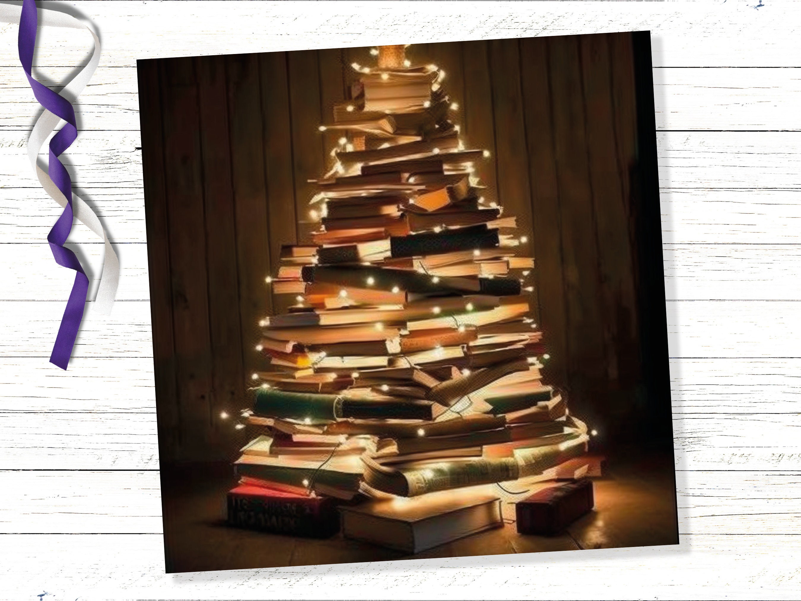 Book Lovers Christmas Tree Card and Fairy Lights Unique Cards for Bookworms Stack of Books Golden Greetings For Family Friends Xmas 2025 - View 6